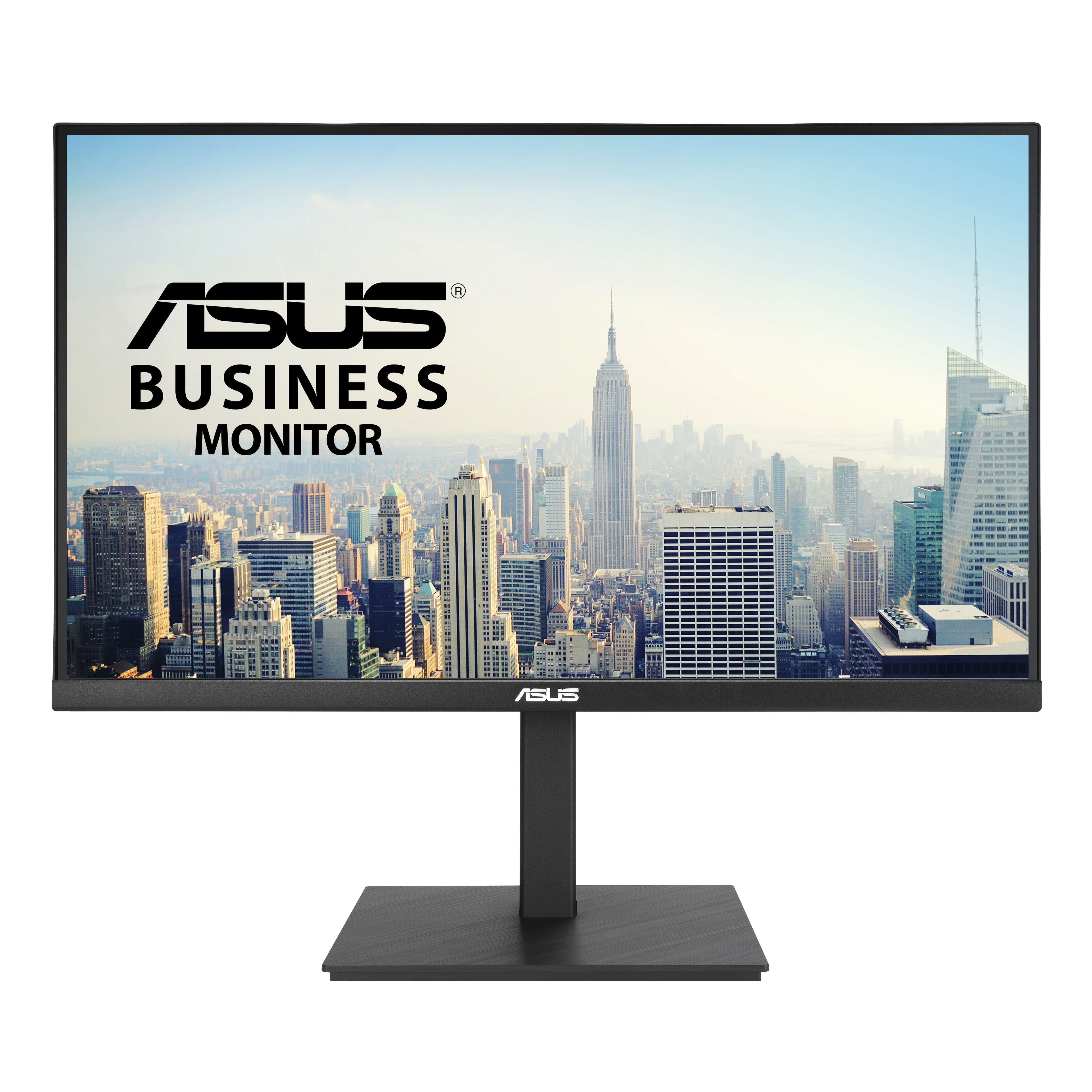 Monitor ASUS Business wyświetlający krajobraz miejski na białym tle.