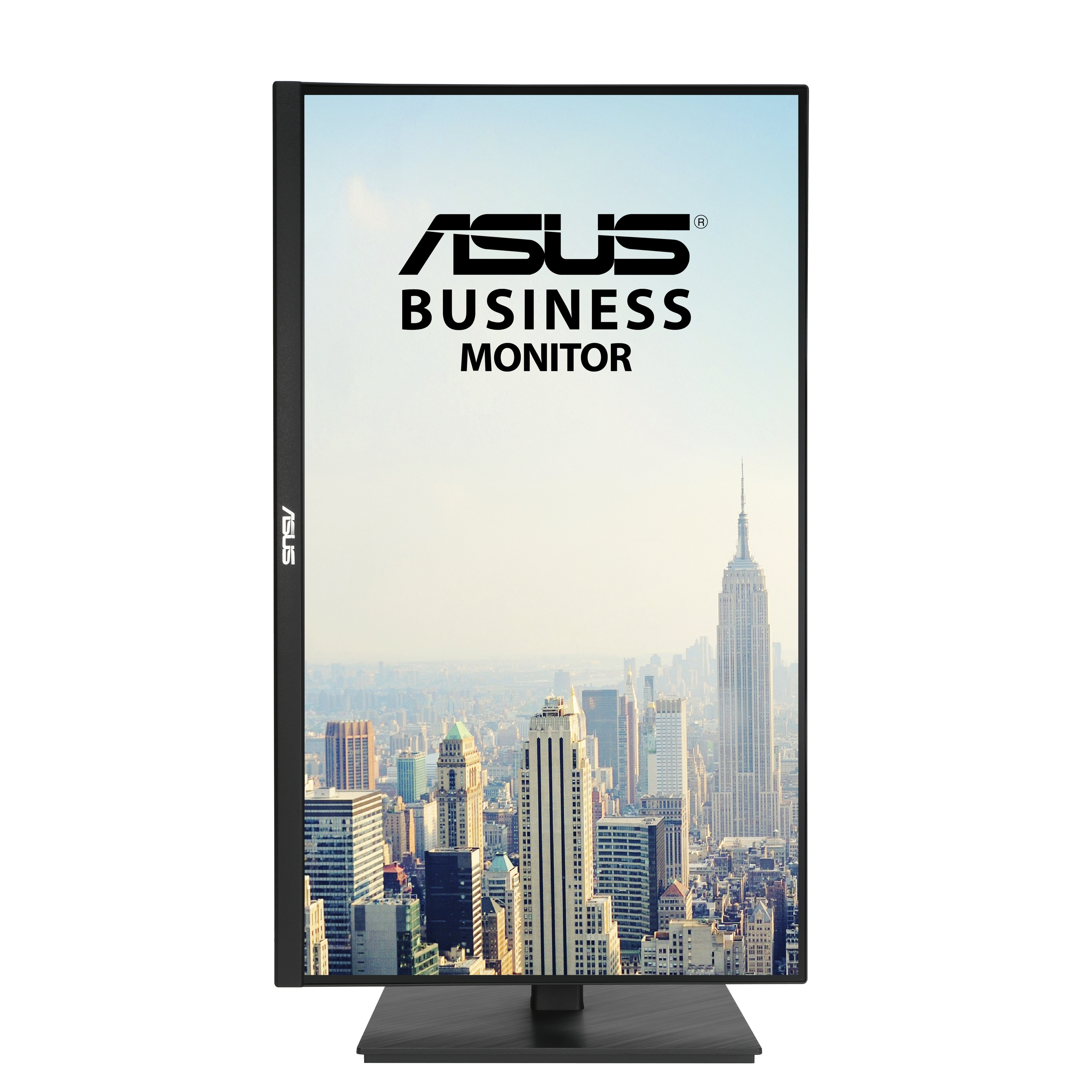 ASUS Business Monitor, czarna ramka. Widok na panoramę na ekranie. Białe tło.