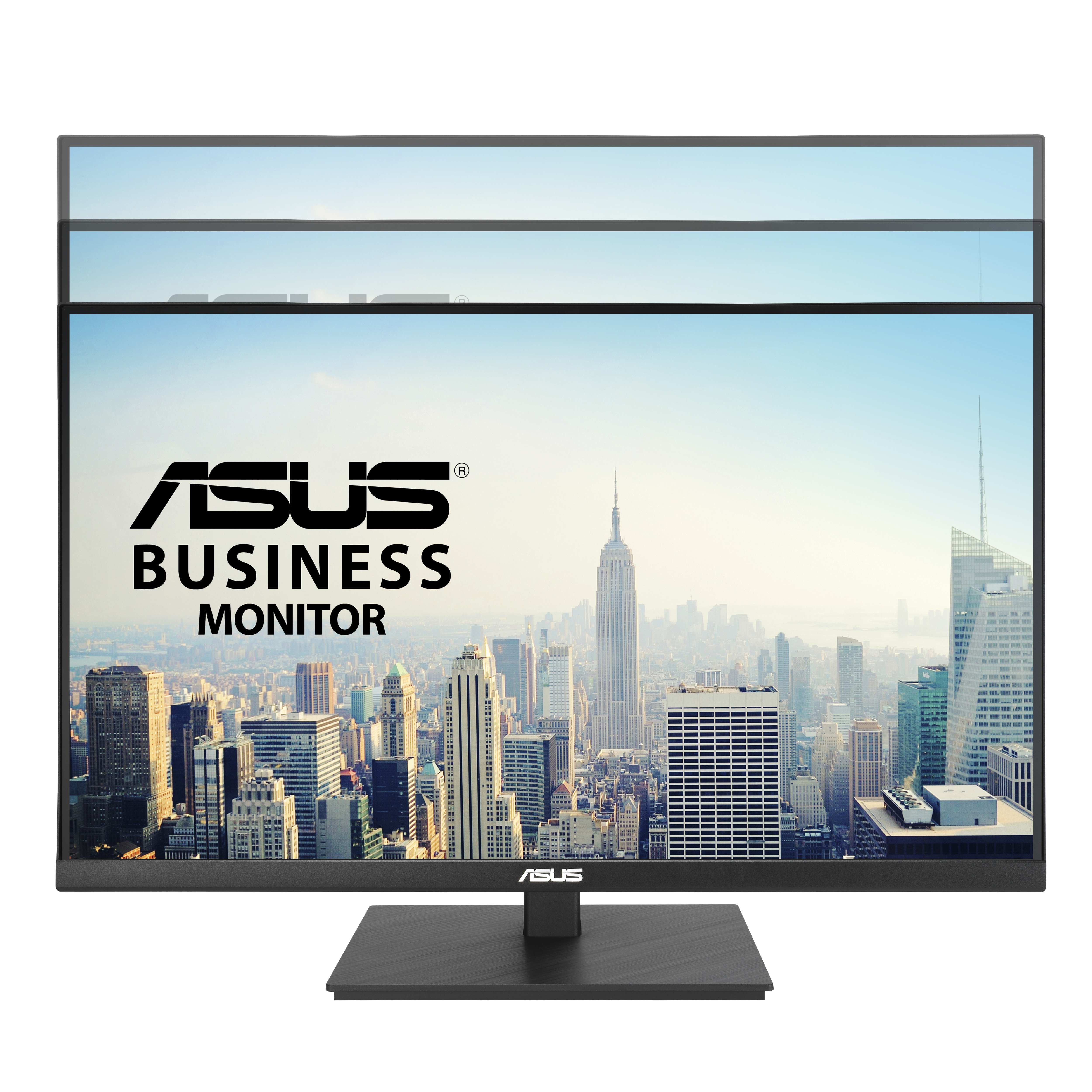 Monitor ASUS Business wyświetlający panoramę miasta z błękitnym niebem w tle.