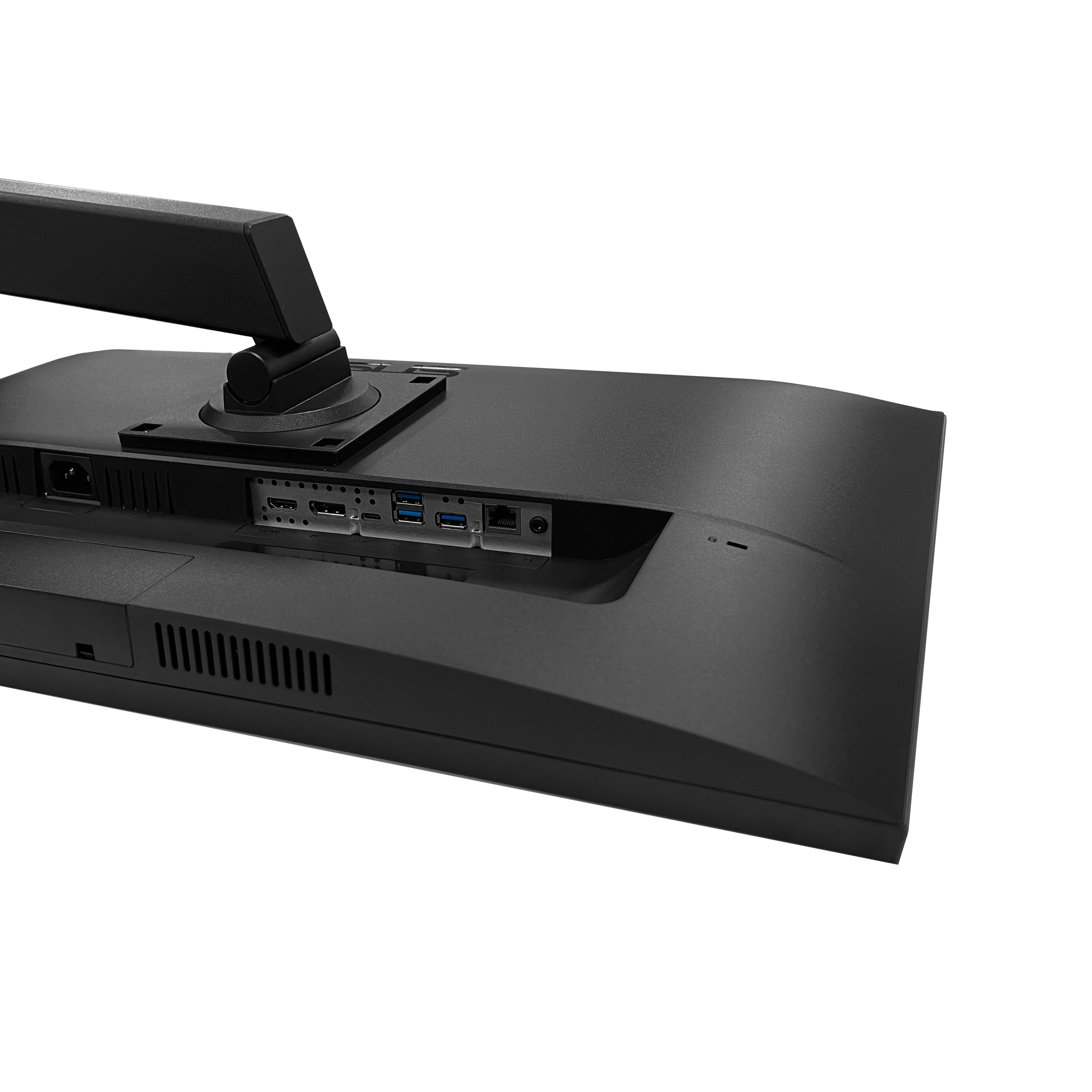 Widok z tyłu czarnego monitora komputera z portami i ramieniem montażowym.