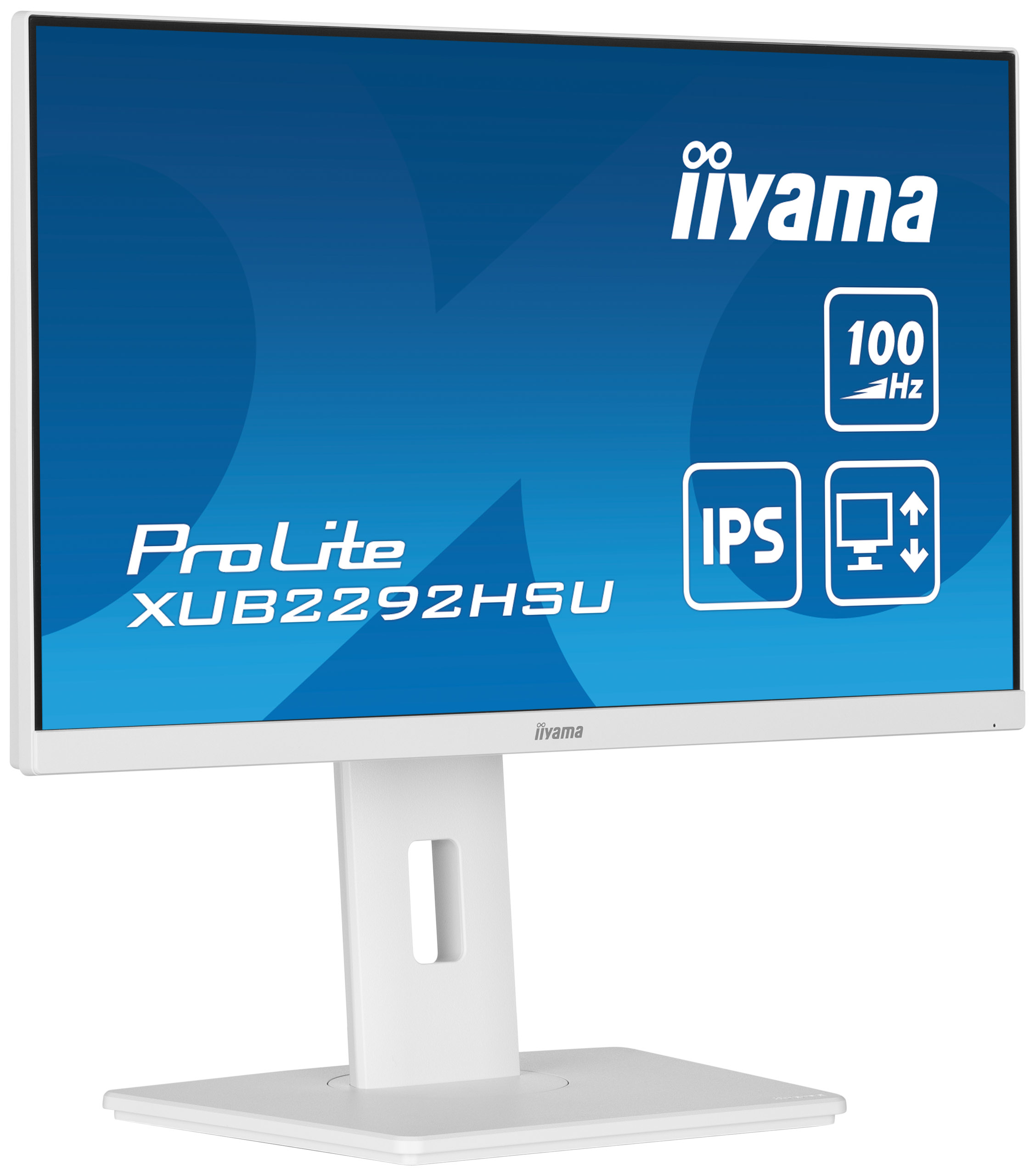 Monitor de computadora blanco con soporte blanco, que muestra un gráfico azul y blanco.