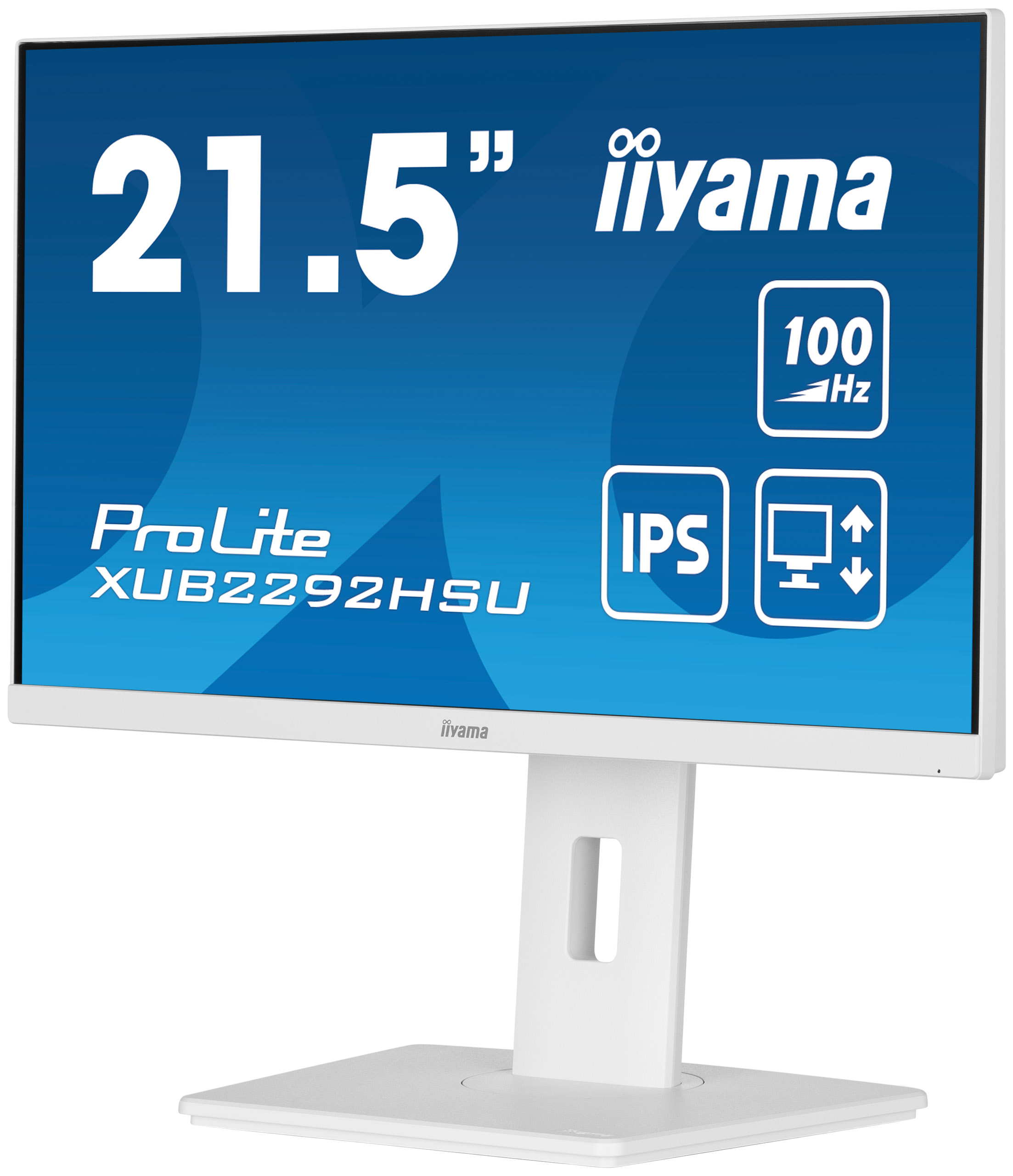 Un monitor blanco con un soporte blanco. Muestra texto: 21.5", iiyama, 100Hz, IPS y un icono de monitor.