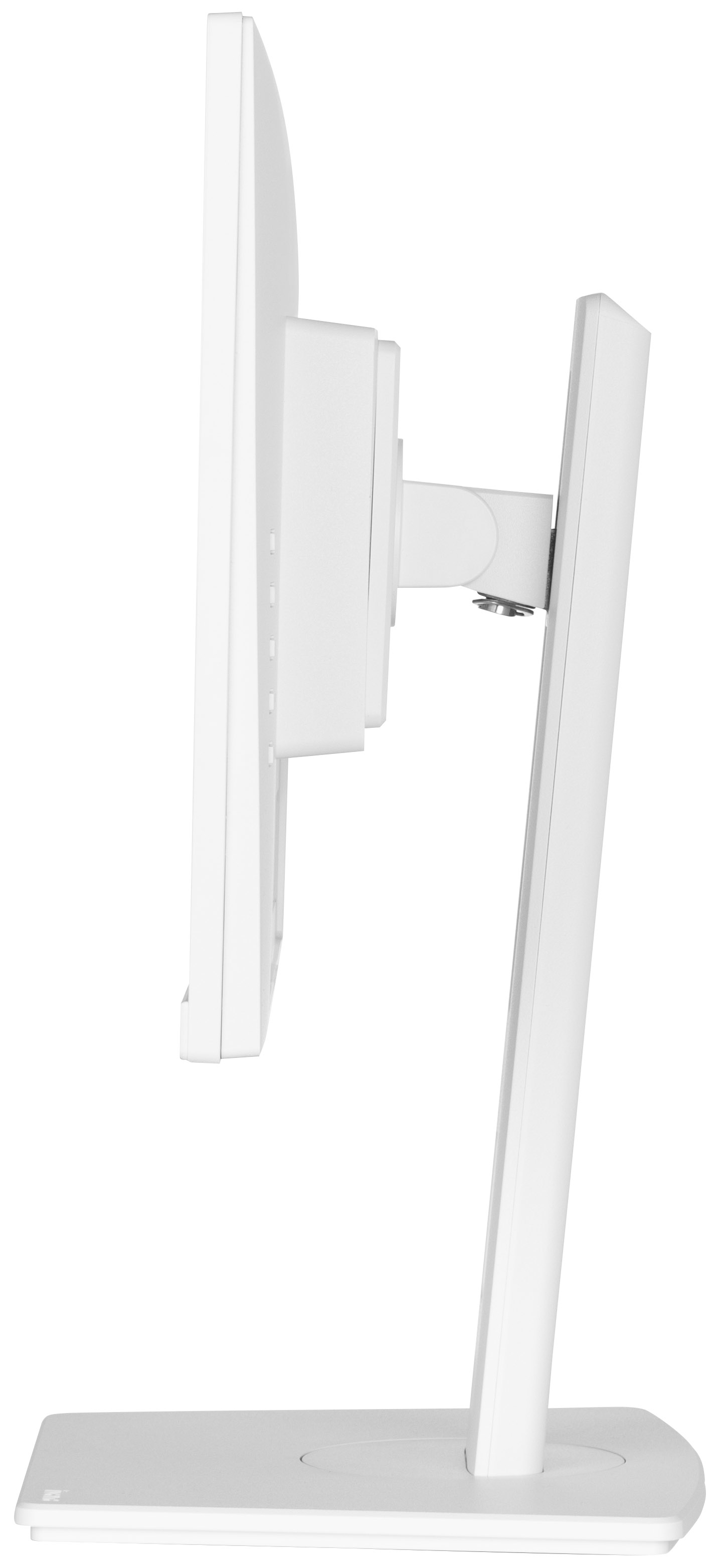 Widok z boku białego monitora komputera z białym stojakiem, na białym stole.
