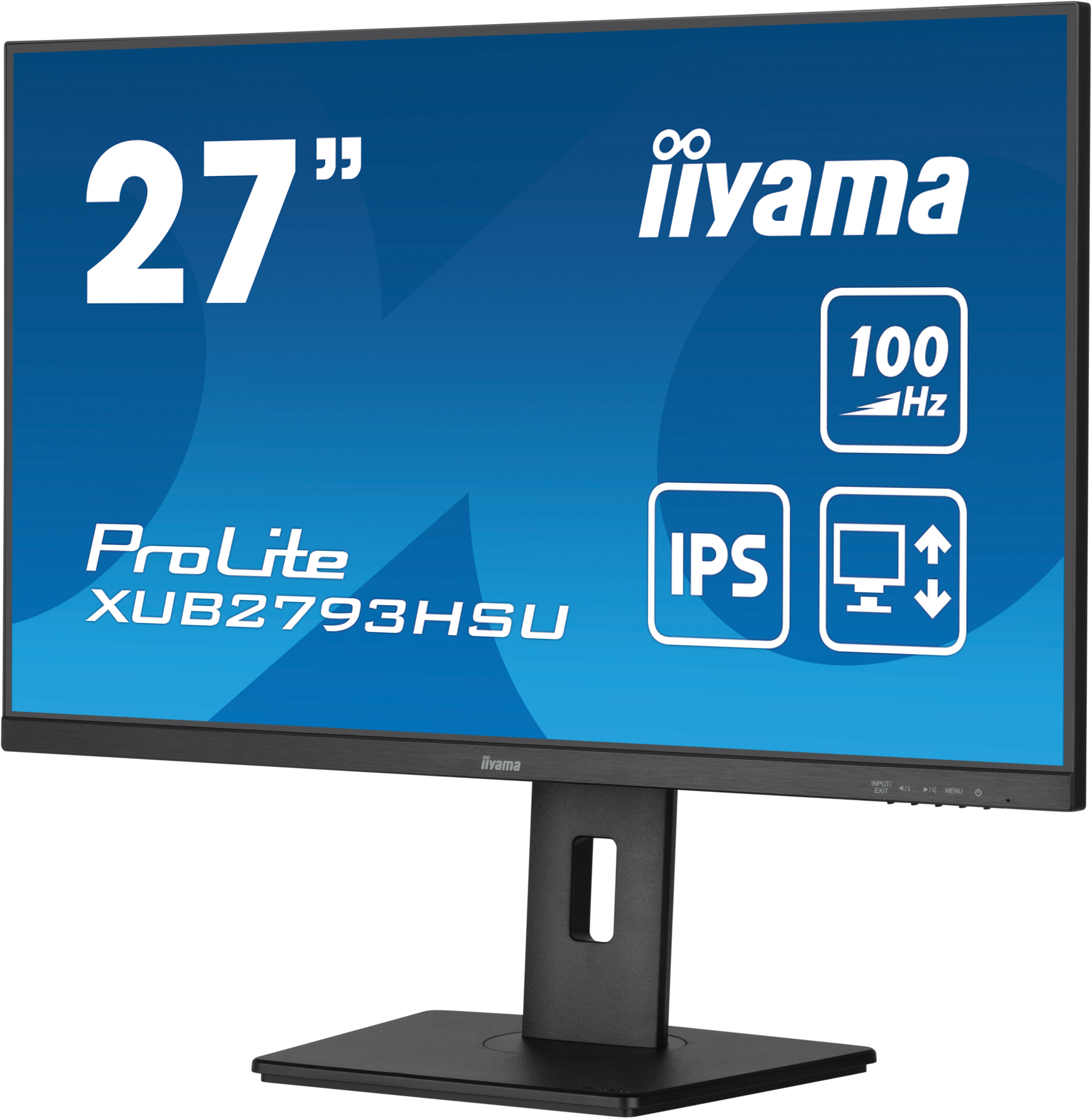 Monitor iiyama ProLite de 27" con 100Hz, IPS y Full HD, sobre un soporte negro.