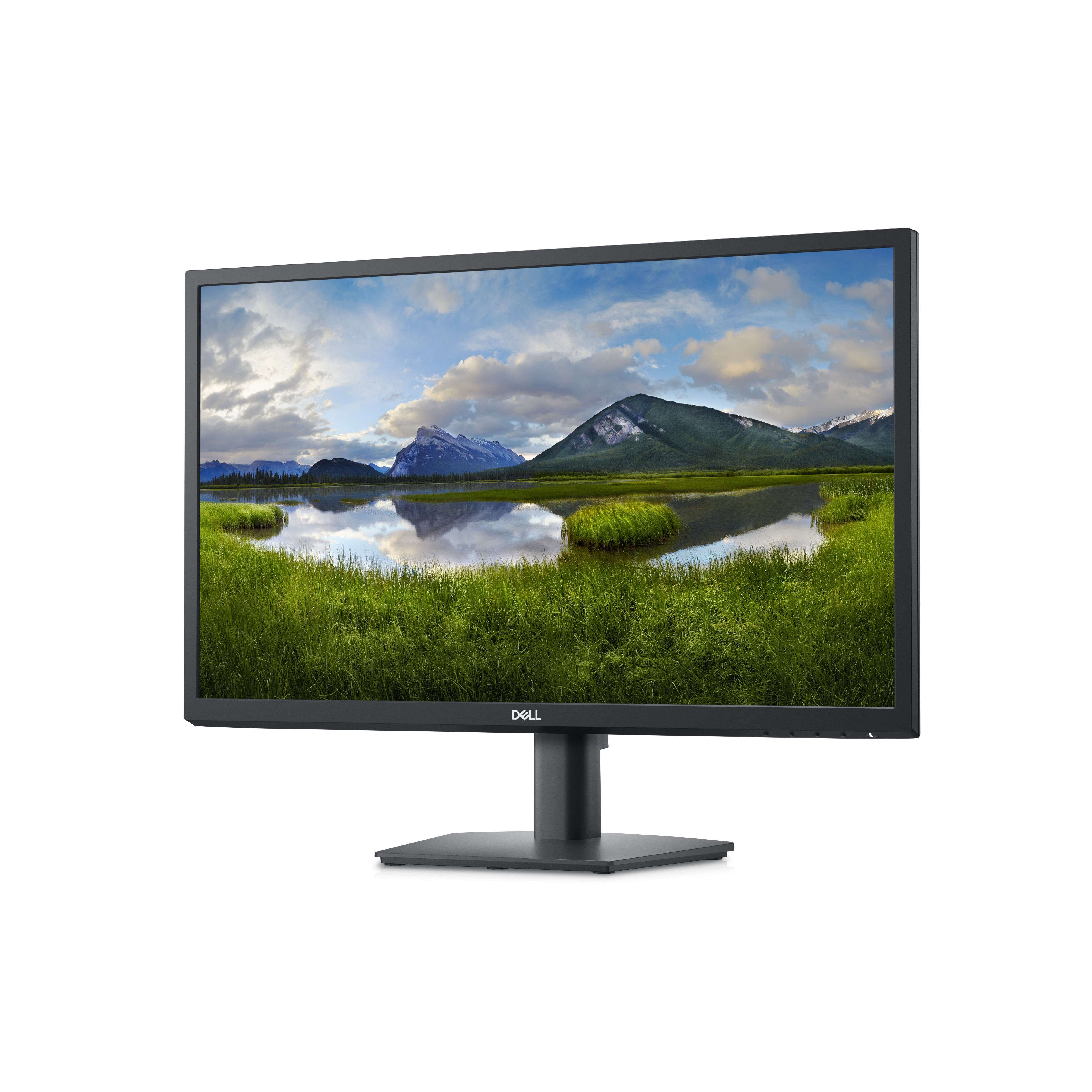 Un monitor Dell que muestra un paisaje escénico con montañas y agua.