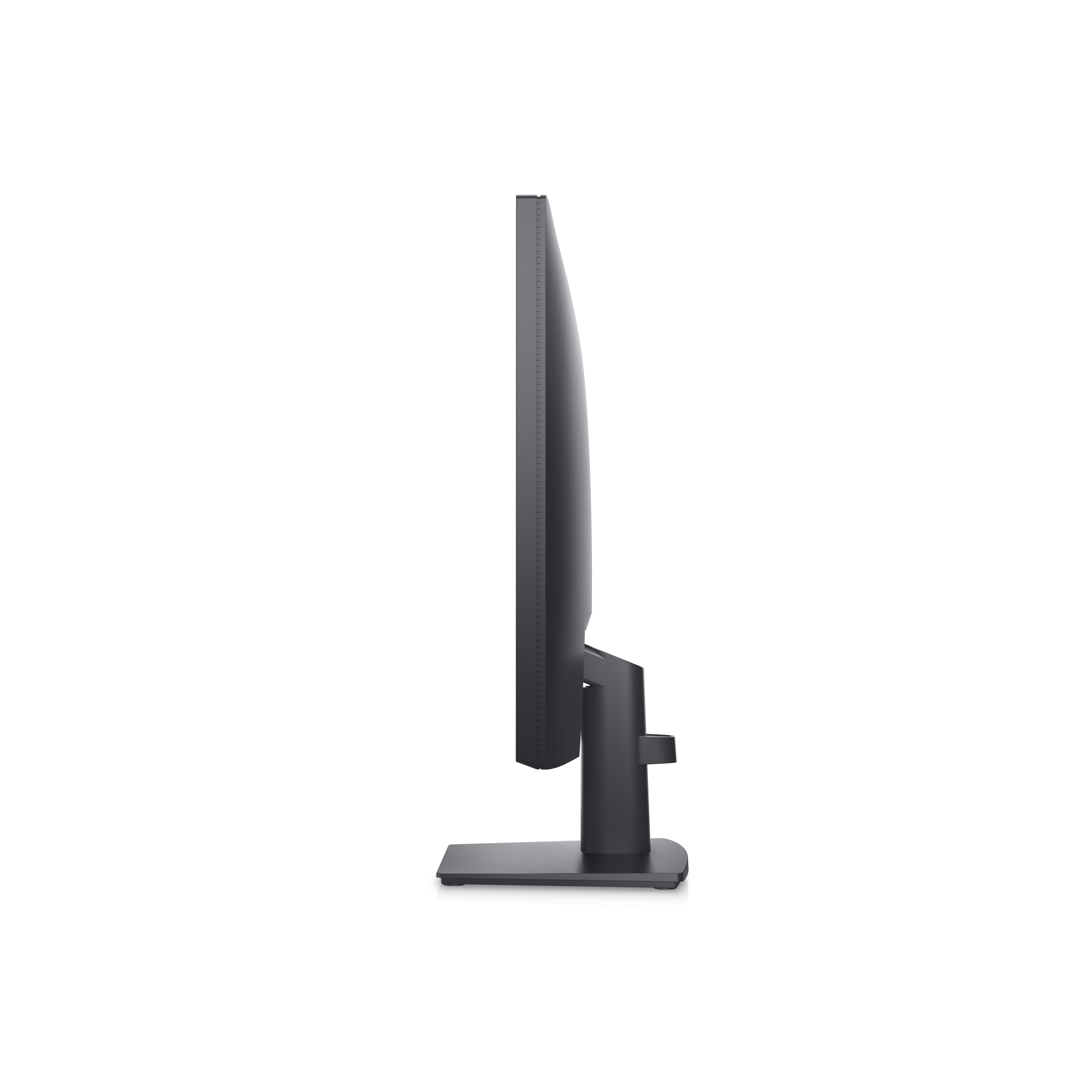 Een zijaanzicht van een zwarte computermonitor op een witte achtergrond.