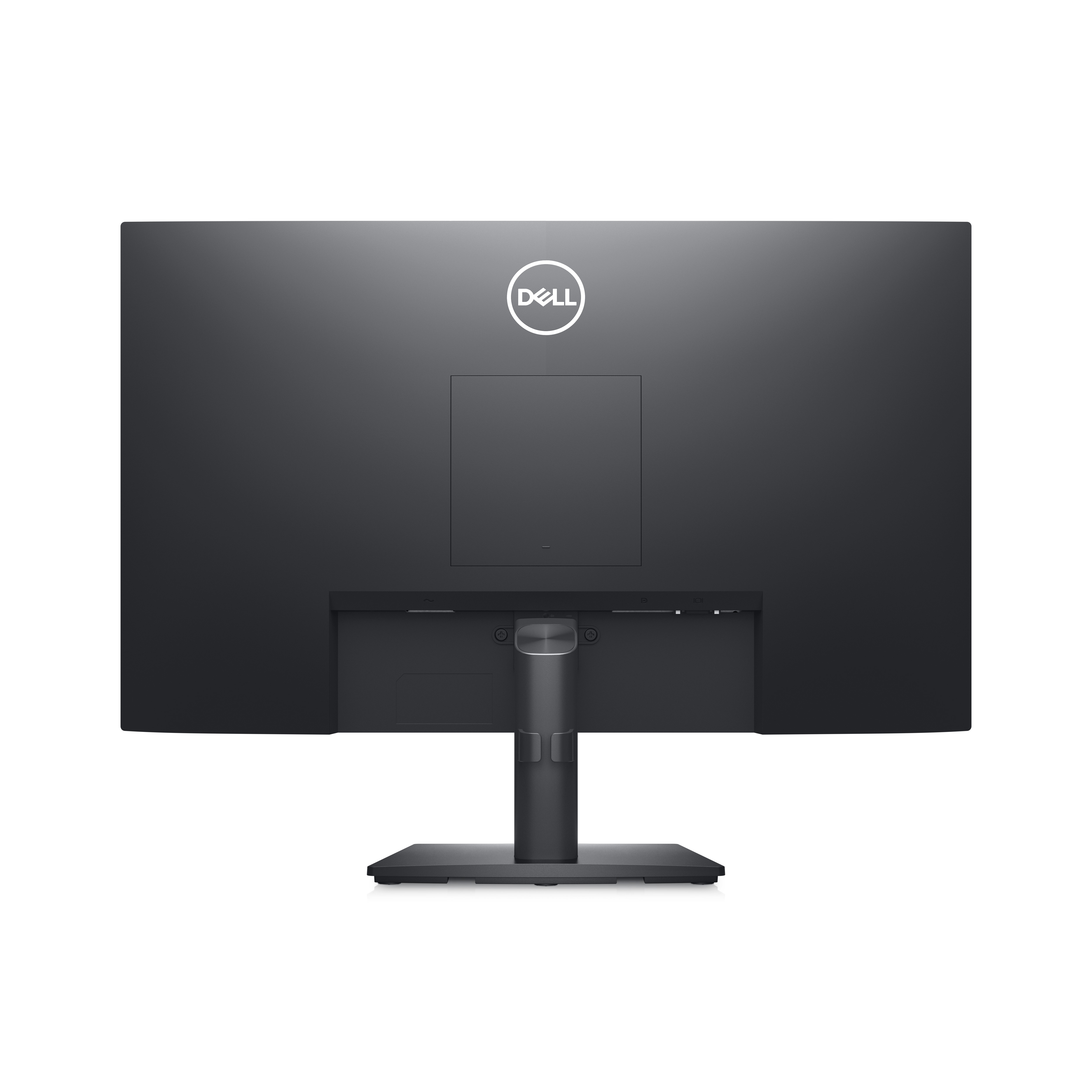 Achterkant van een zwarte Dell-monitor met standaard, logo bovenaan.