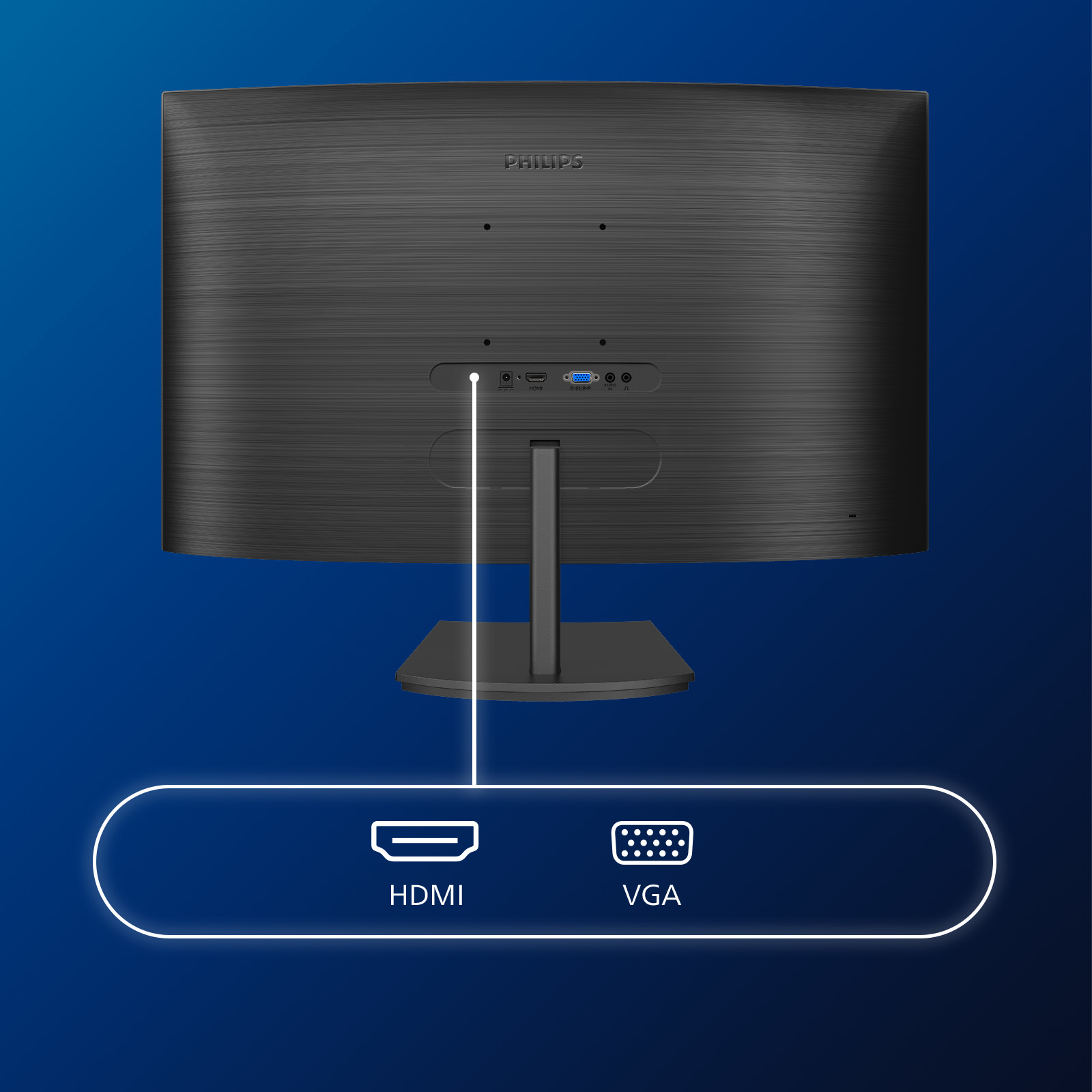 Tył czarnego monitora Philips, z widocznymi portami HDMI i VGA.