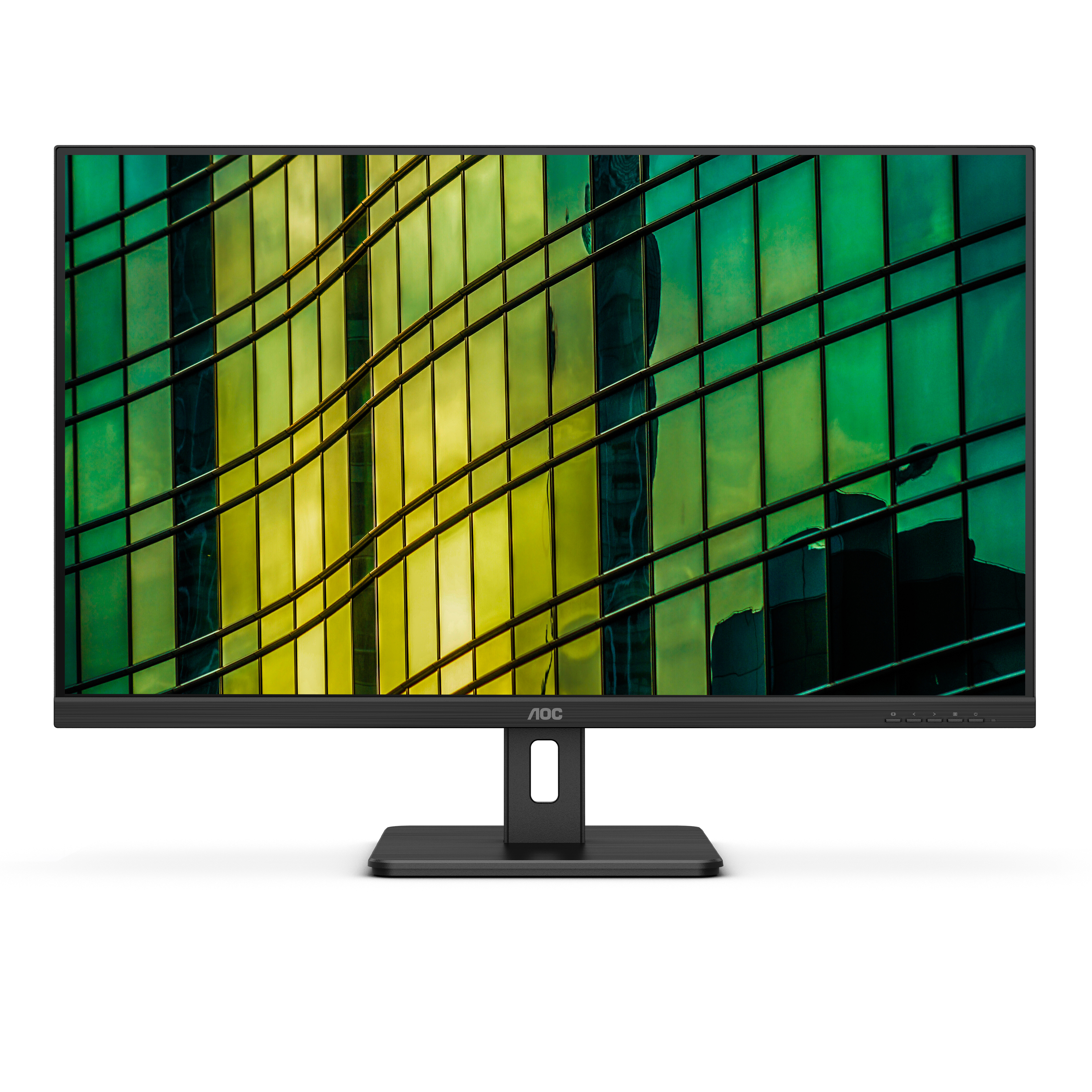 Monitor AOC nero con display che mostra un motivo astratto giallo e verde, su base nera.