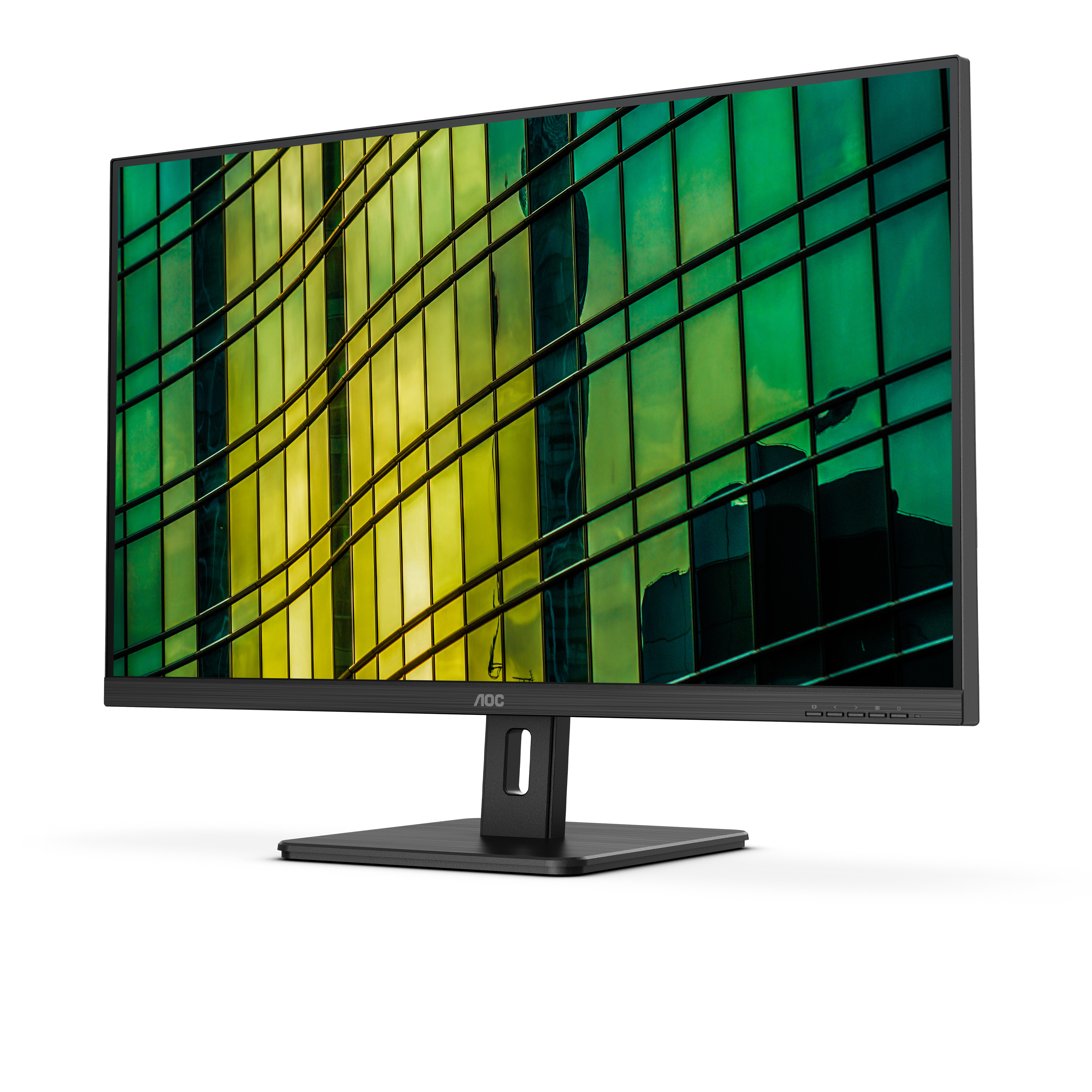 Monitor AOC nero con riflesso di edificio sullo schermo e supporto nero.