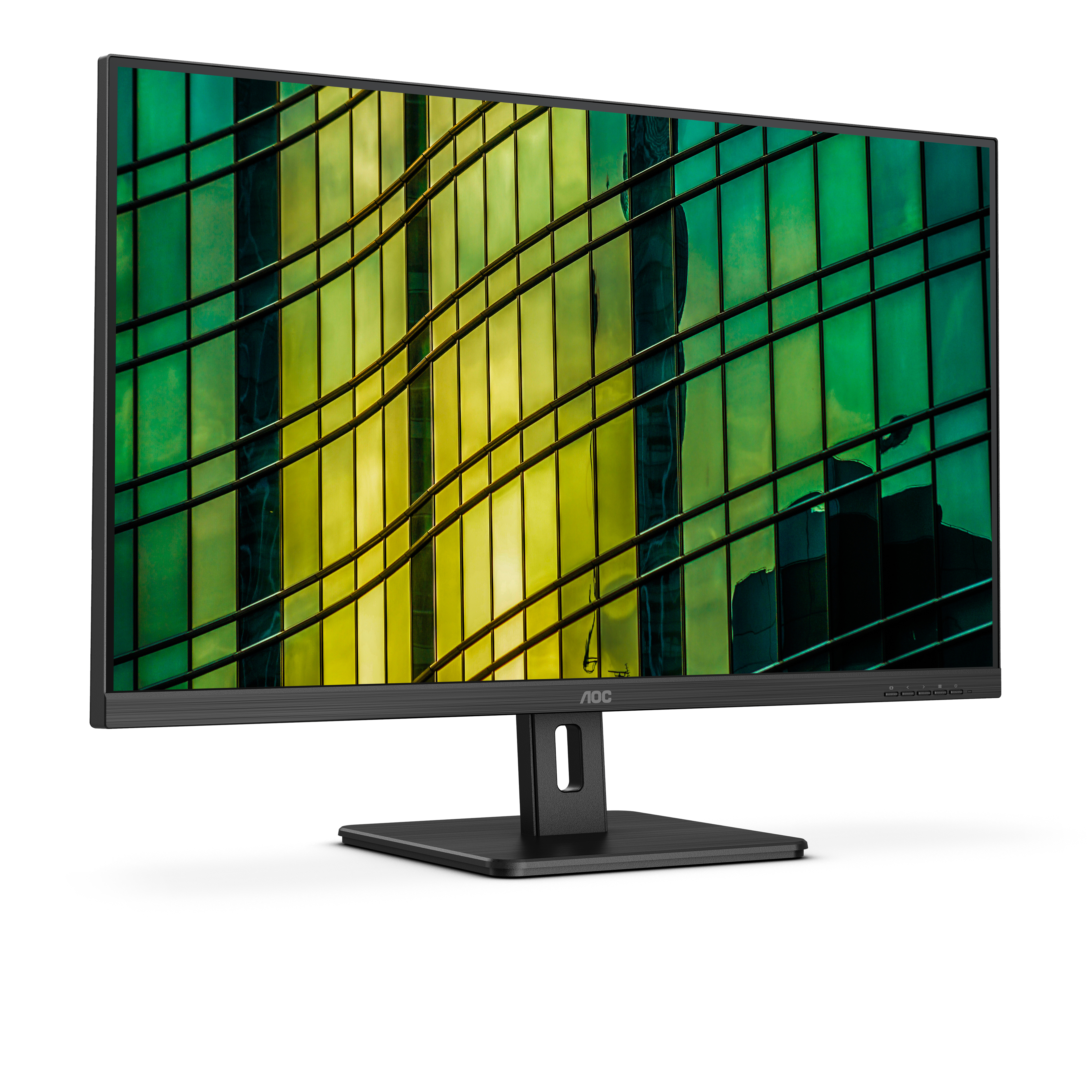 Monitor AOC nero che mostra un colorato riflesso di paesaggio urbano.