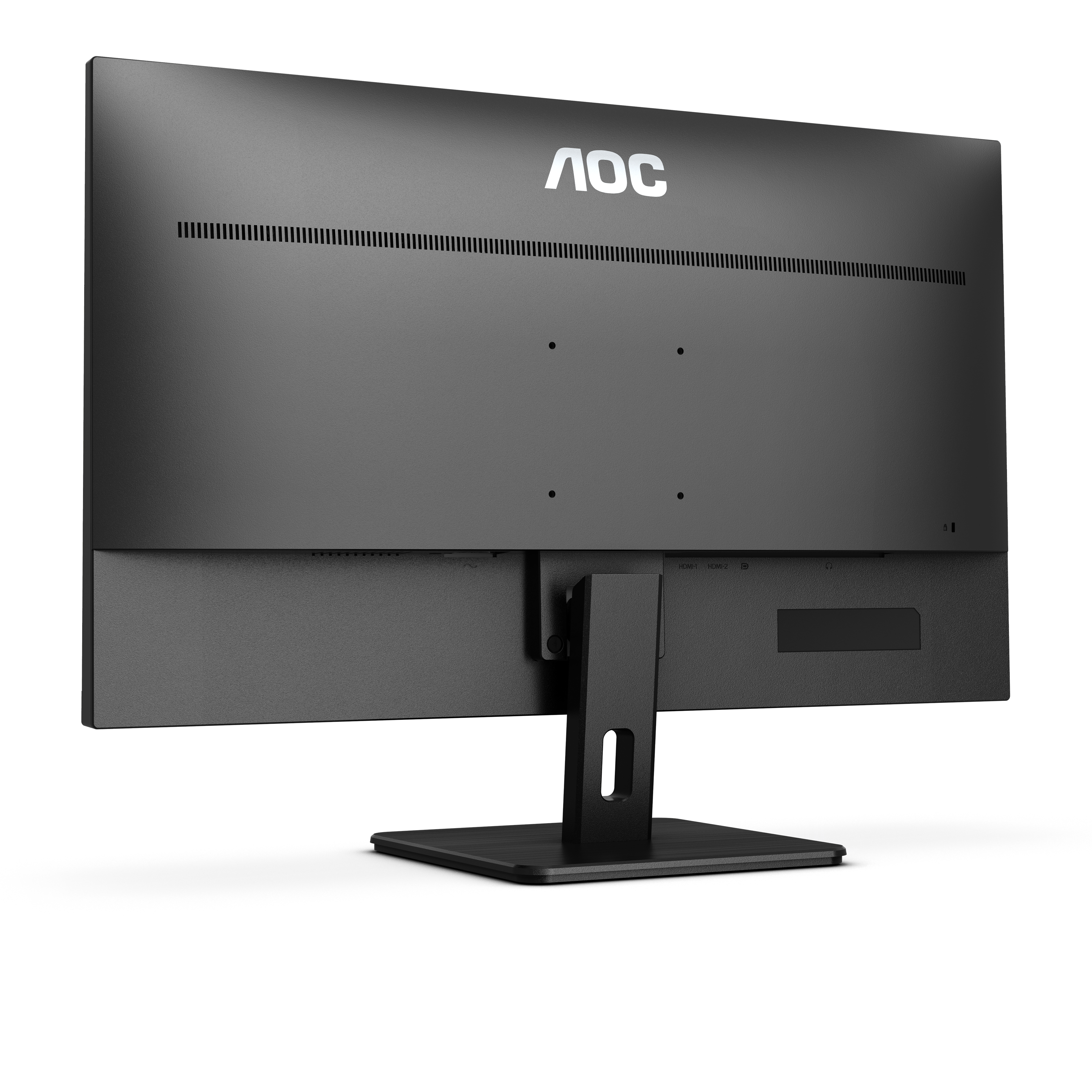 Retro di un monitor AOC nero con supporto e logo.