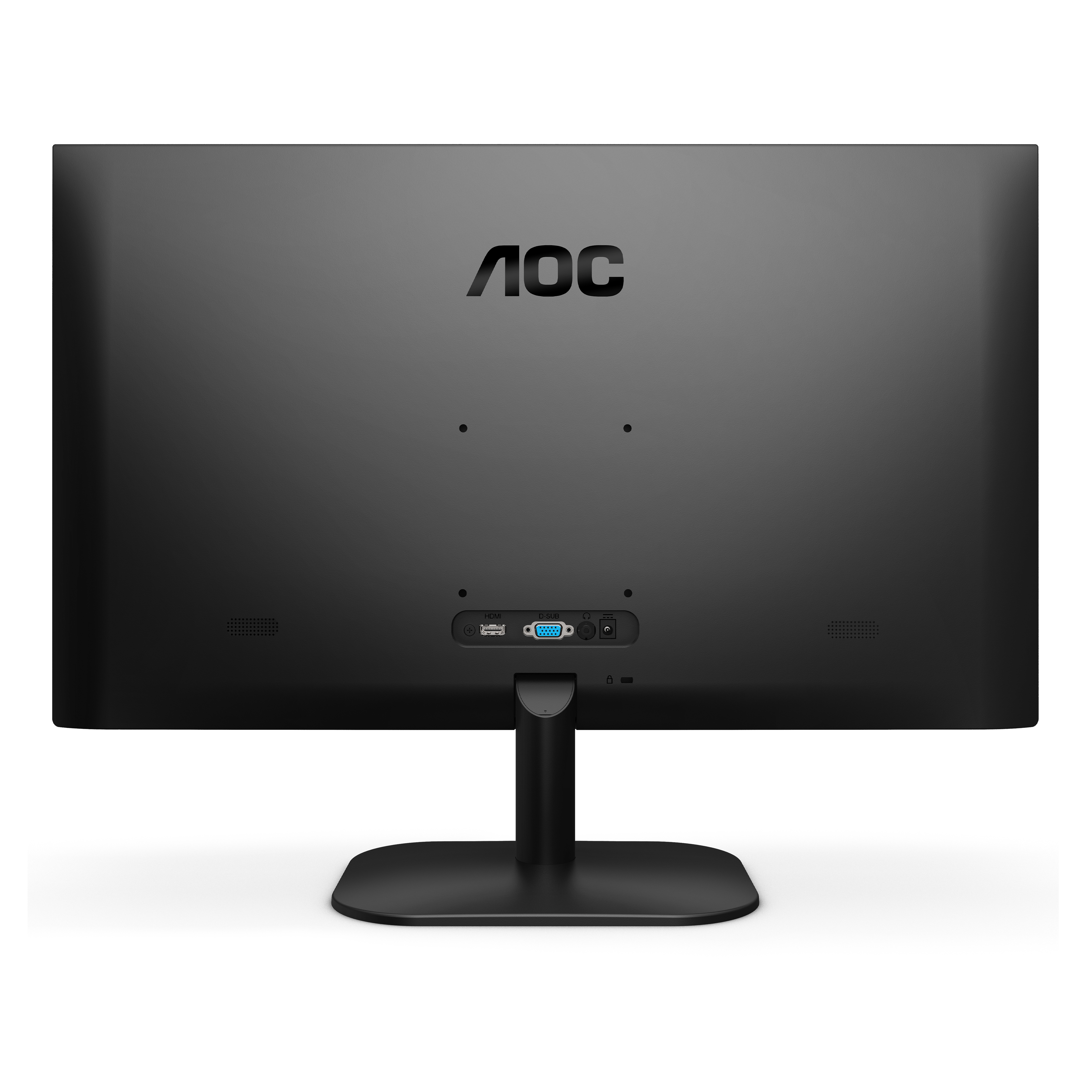 Rear view of a black AOC monitor on a stand, with ports and the AOC logo visible.