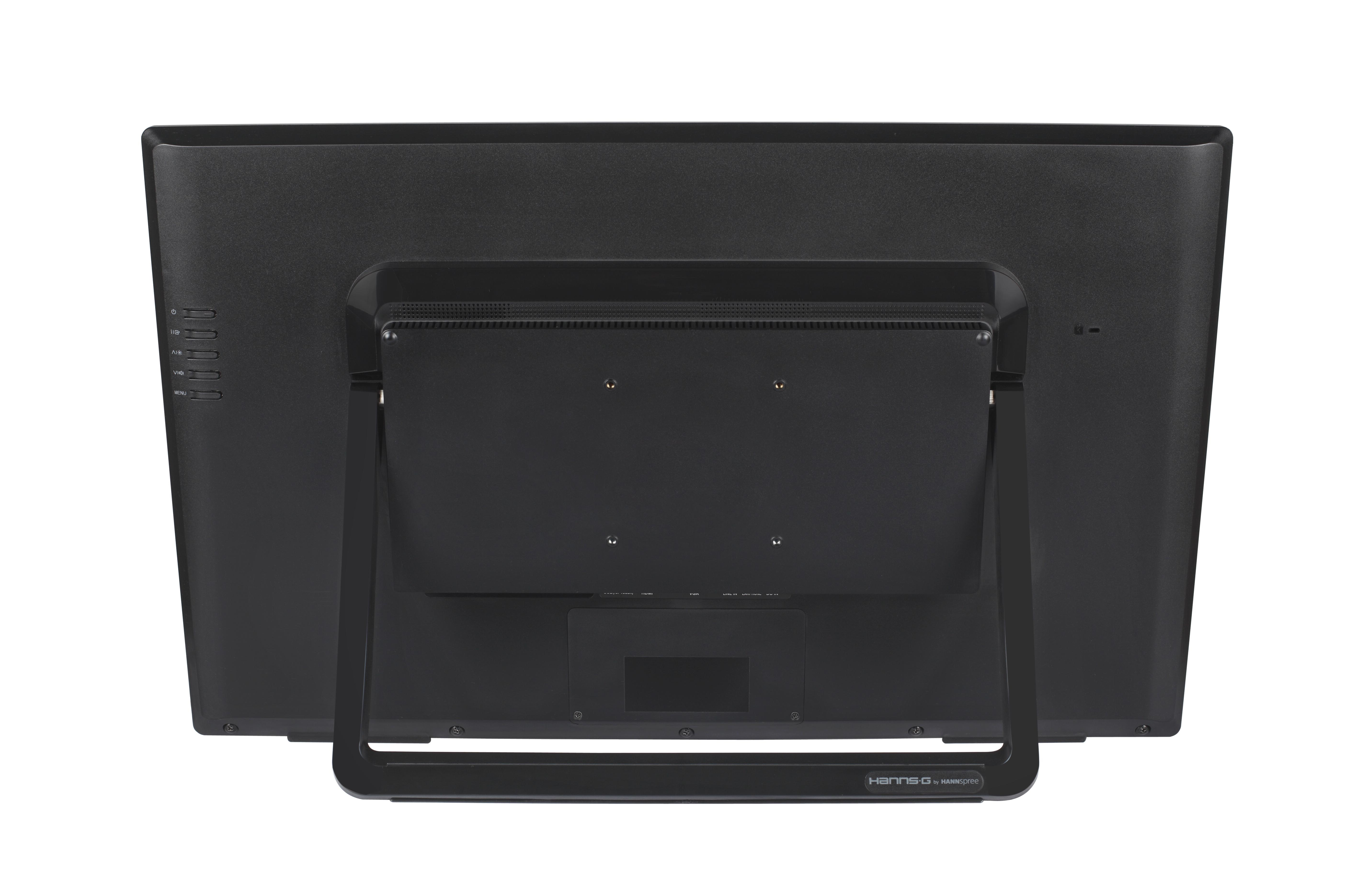 Retro di un monitor per computer nero con supporto. Presenta un logo, porte e un supporto.