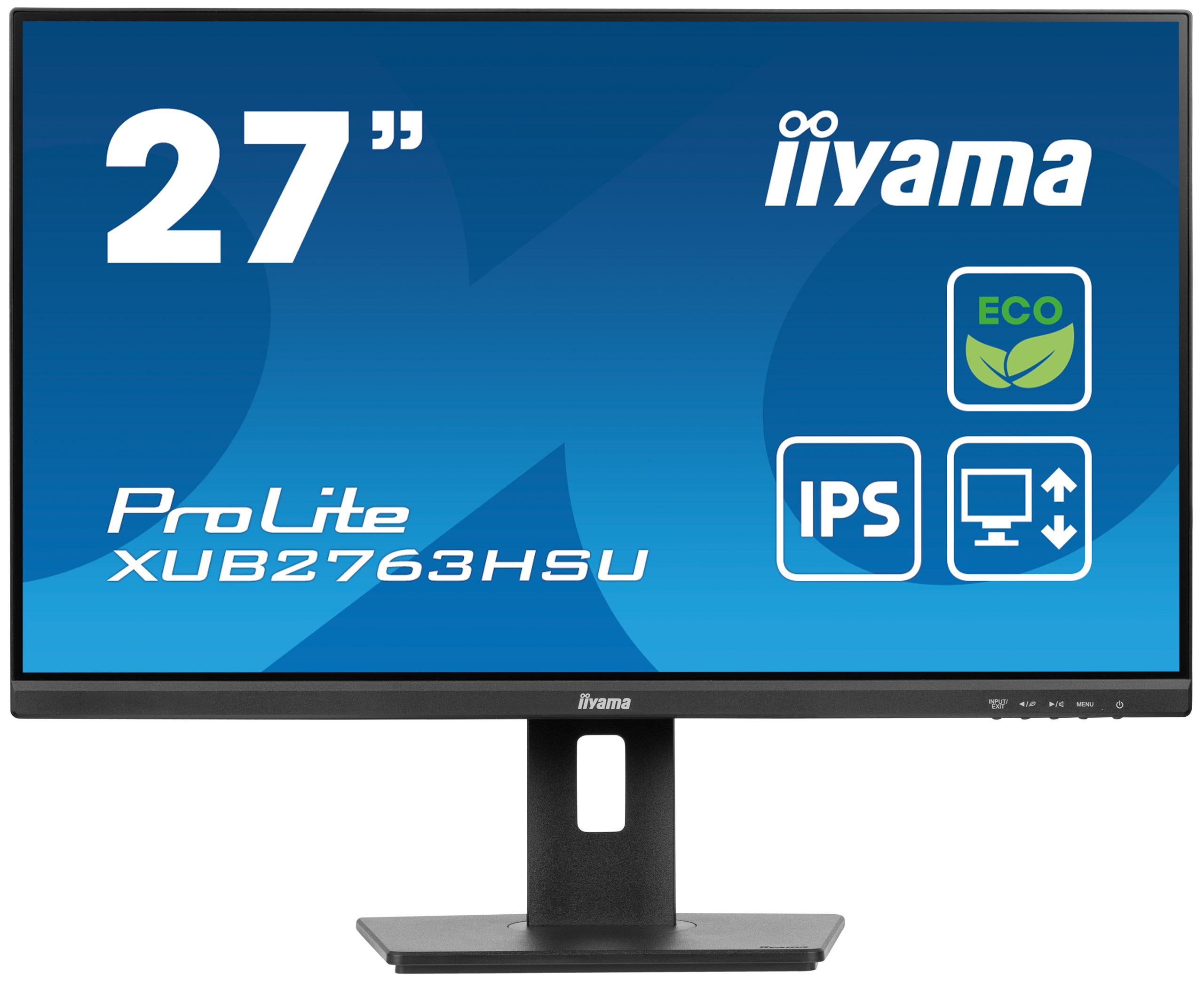 Monitor per computer nero con testo e icone bianche. Supporto nero. Sfondo bianco.