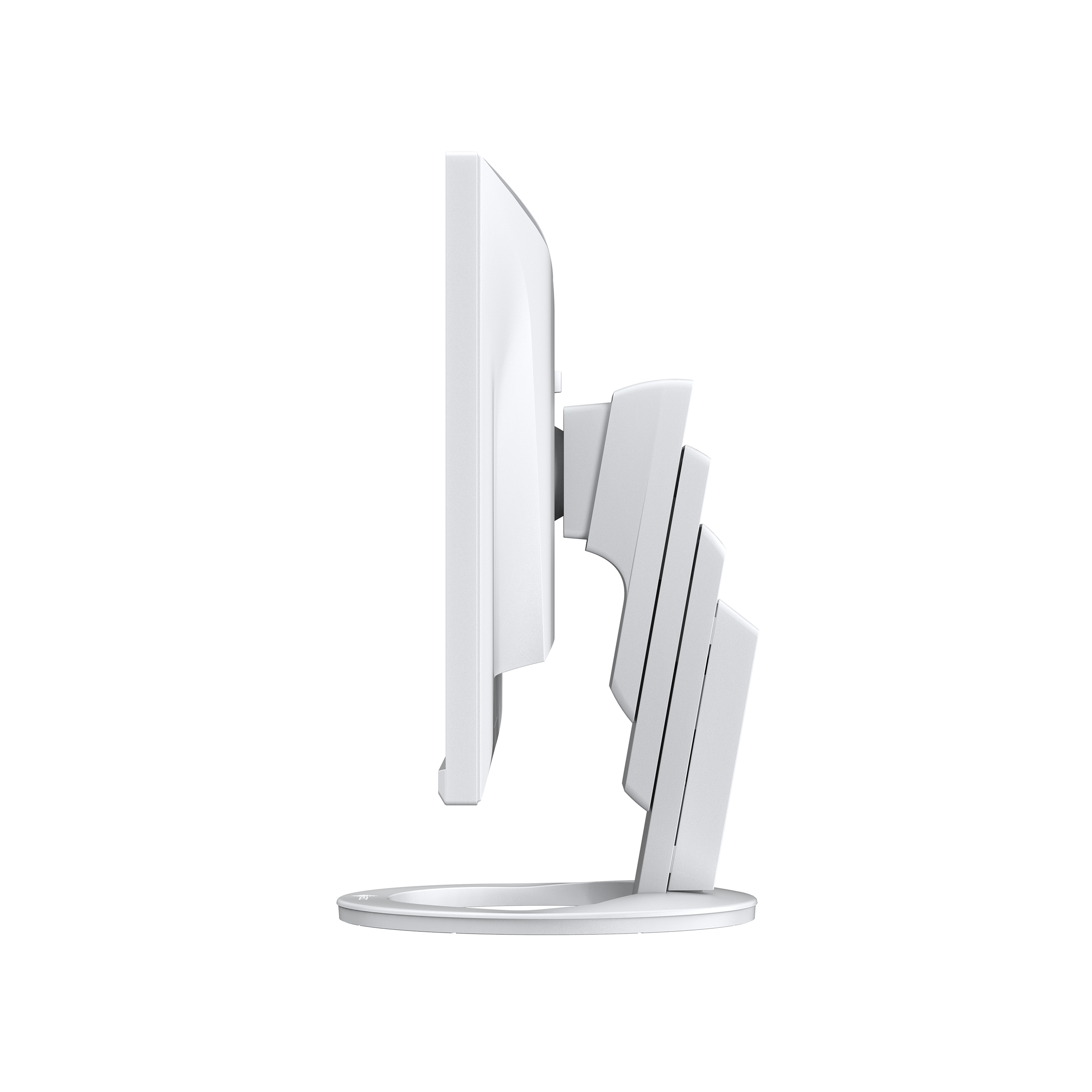 Side view of a white monitor with stand.