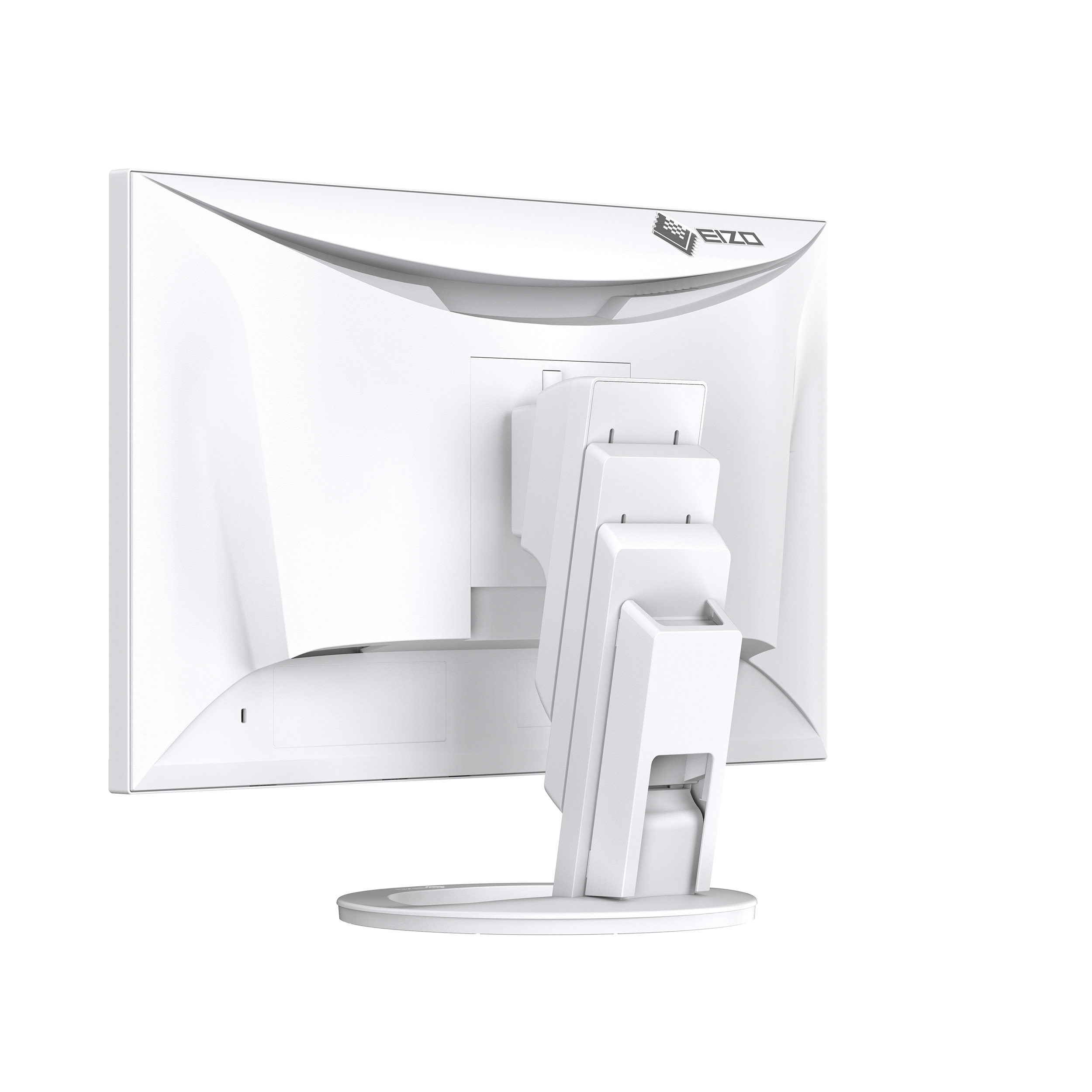 Rear view of a white computer monitor with a white stand on a white background.