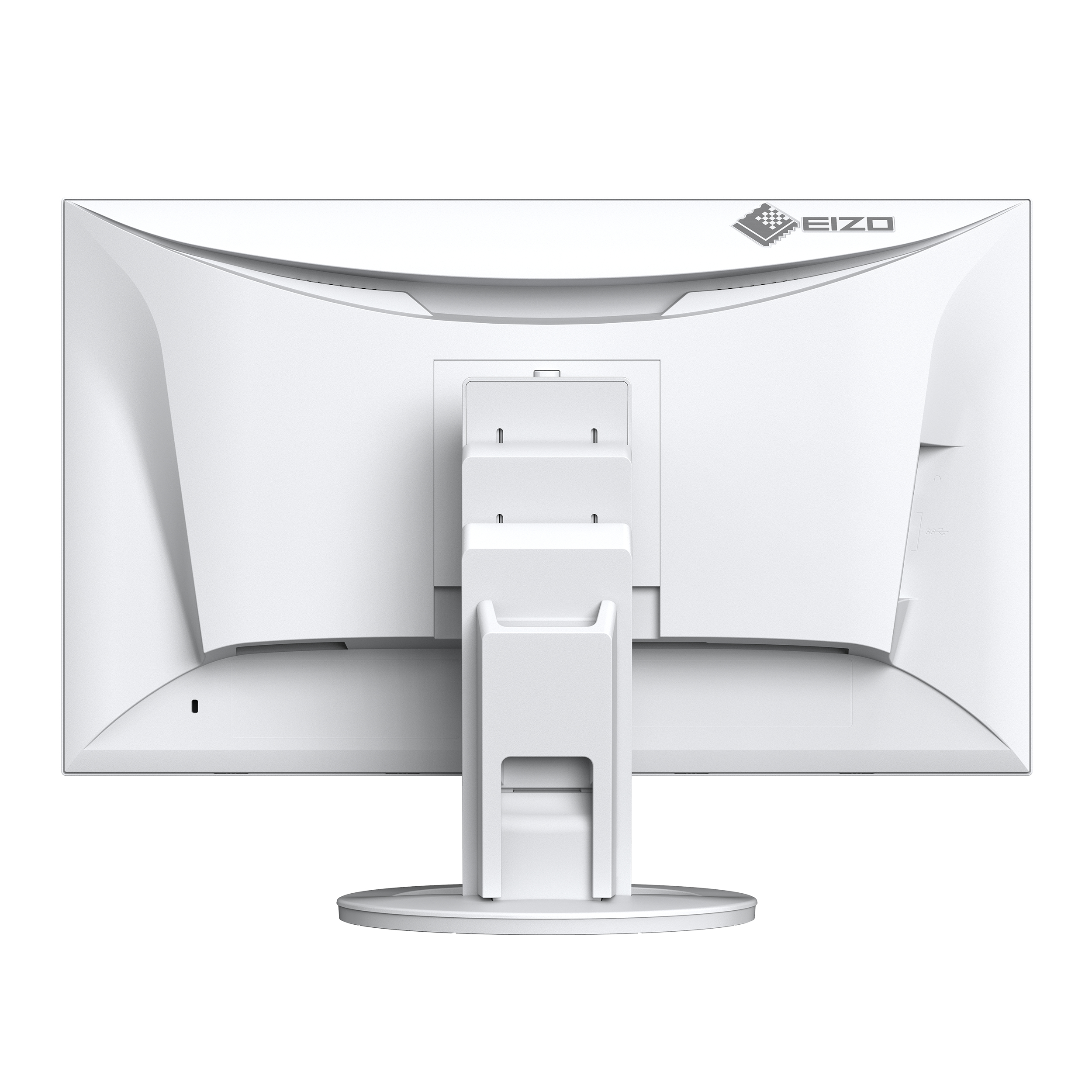 Back view of a white computer monitor with stand.