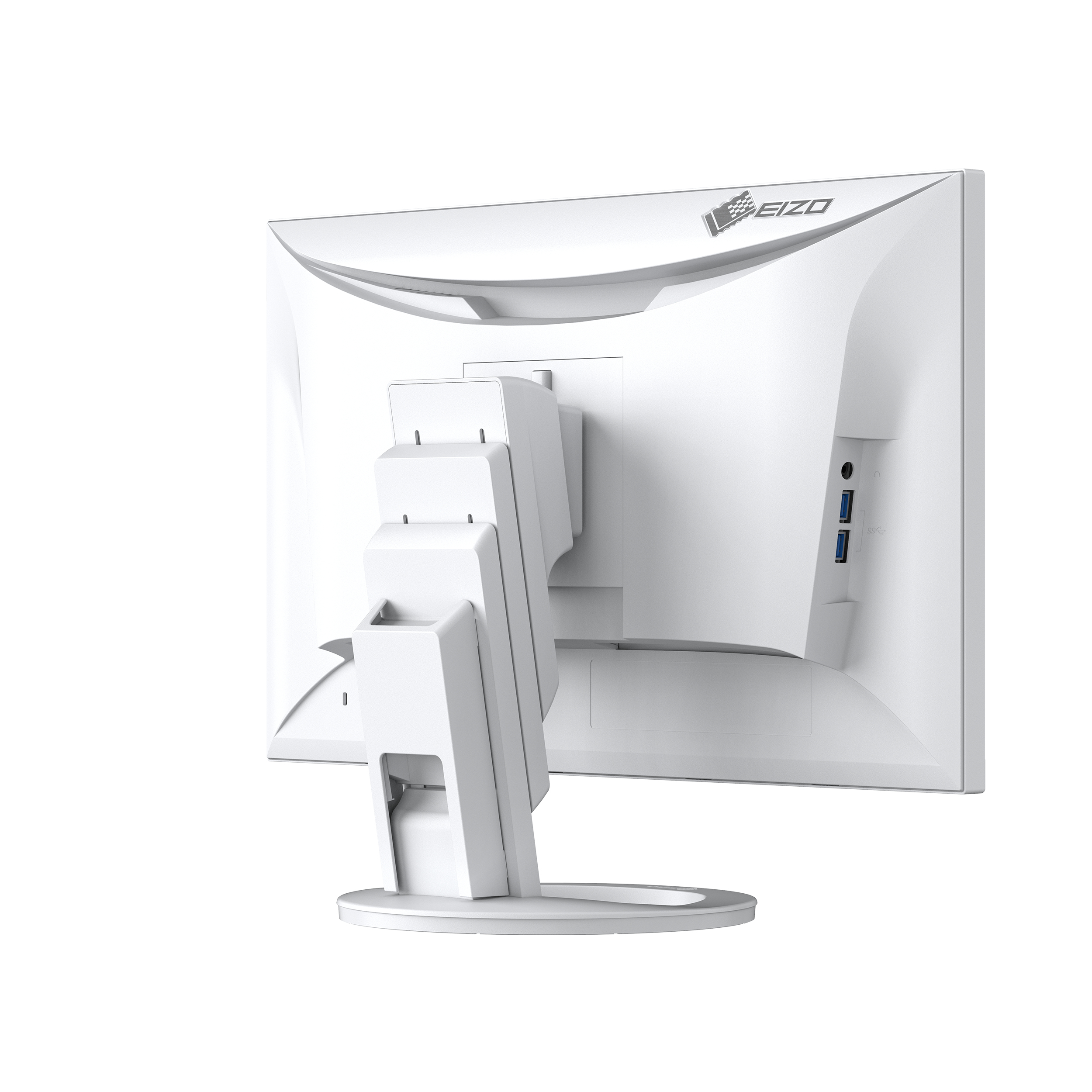 White computer monitor with adjustable stand, rear view, isolated on white.