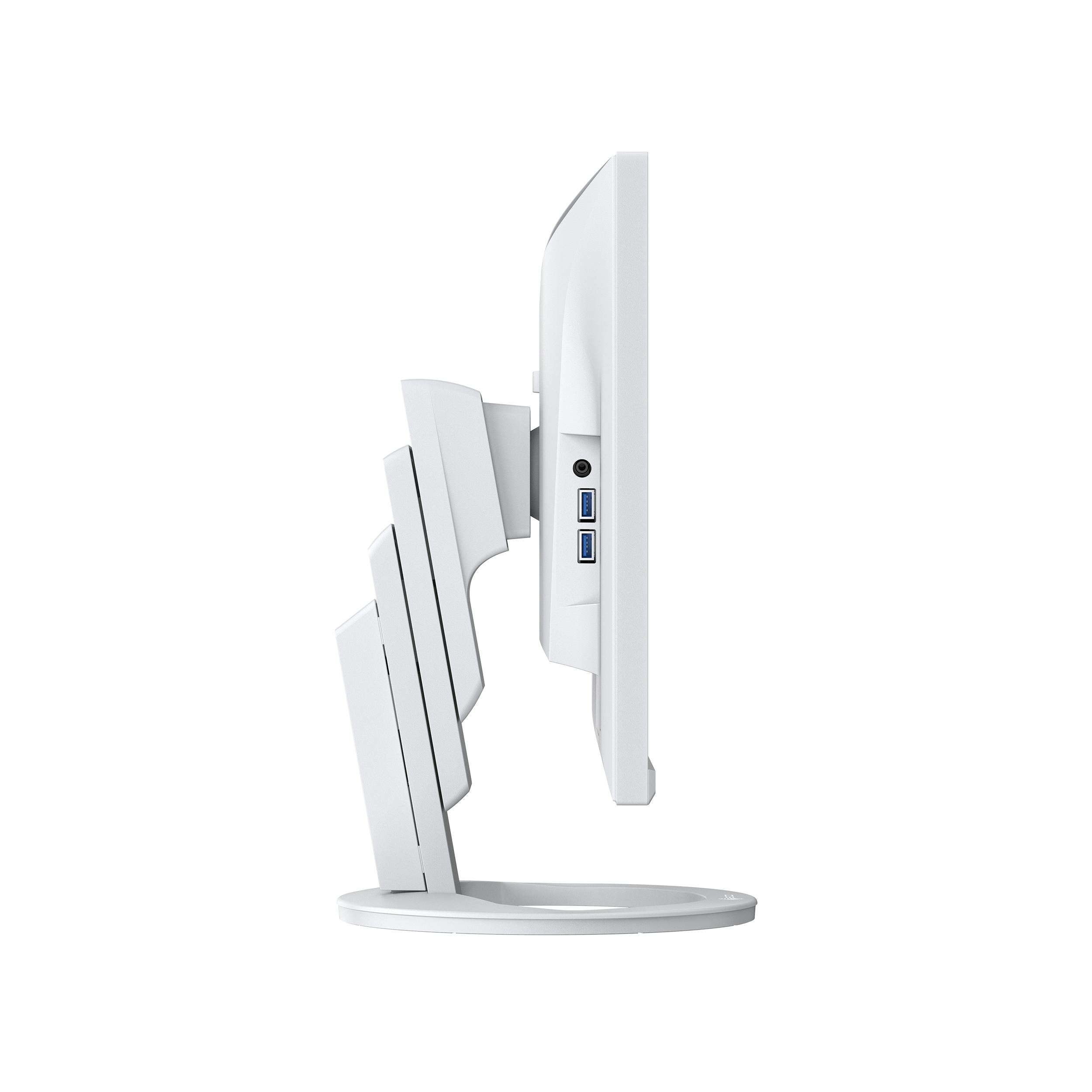Side view of a white computer monitor with multiple ports.