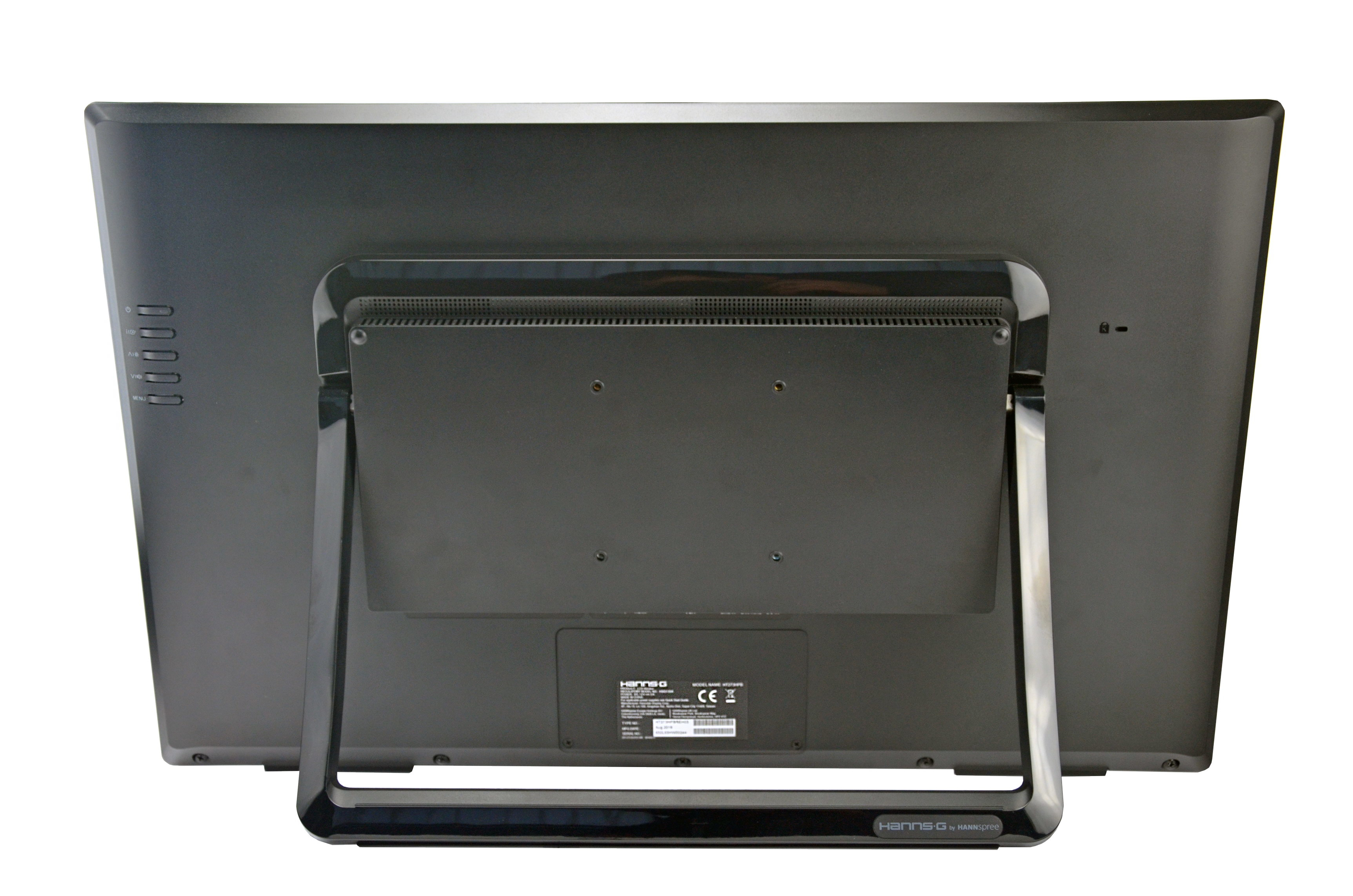 Retro di un monitor nero con supporto. Mostra porte, un logo e un'etichetta del prodotto. Supporto argento.