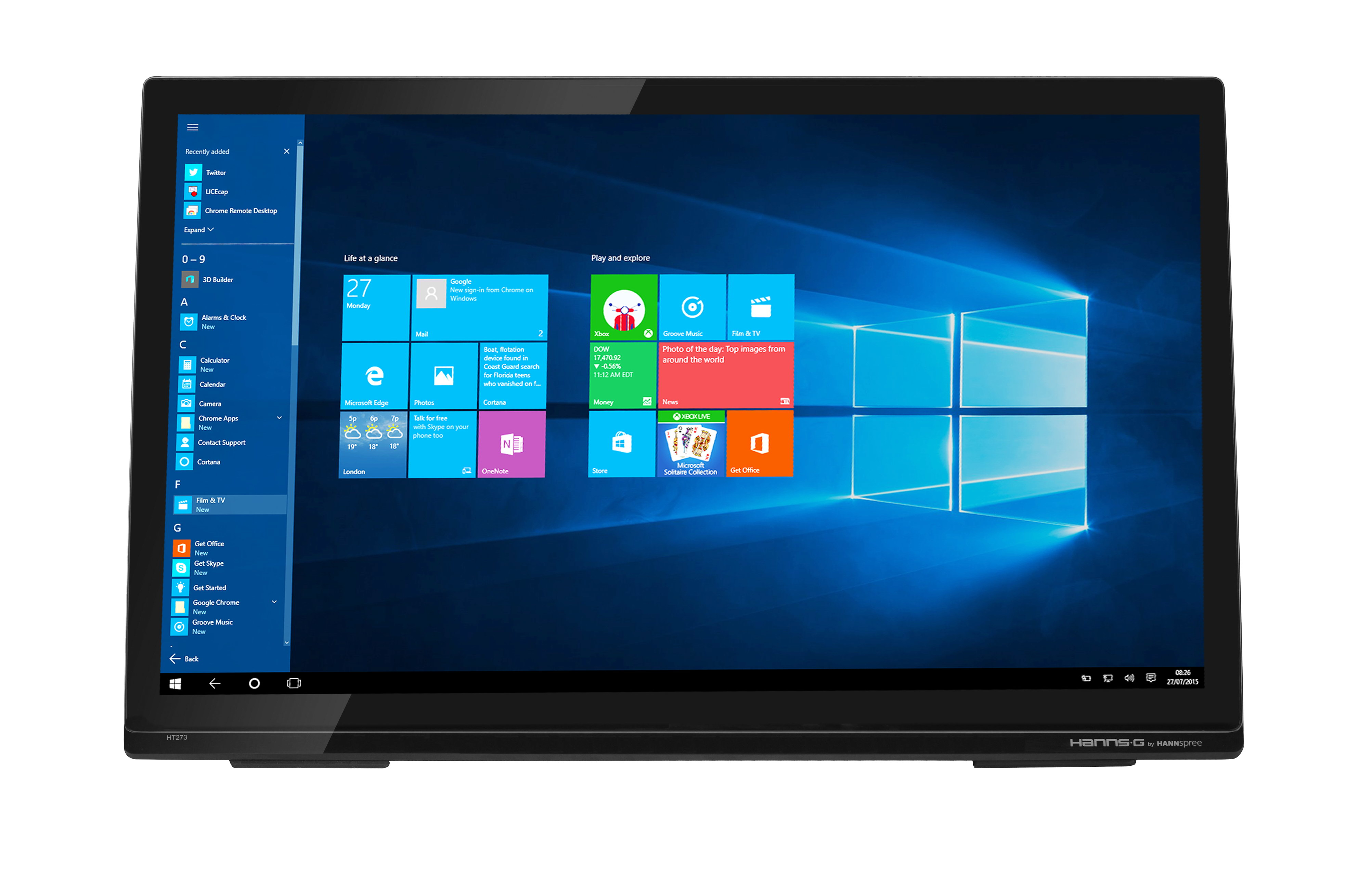 Uno schermo del computer che mostra l'interfaccia di Windows 10 con varie icone di app e uno sfondo blu.