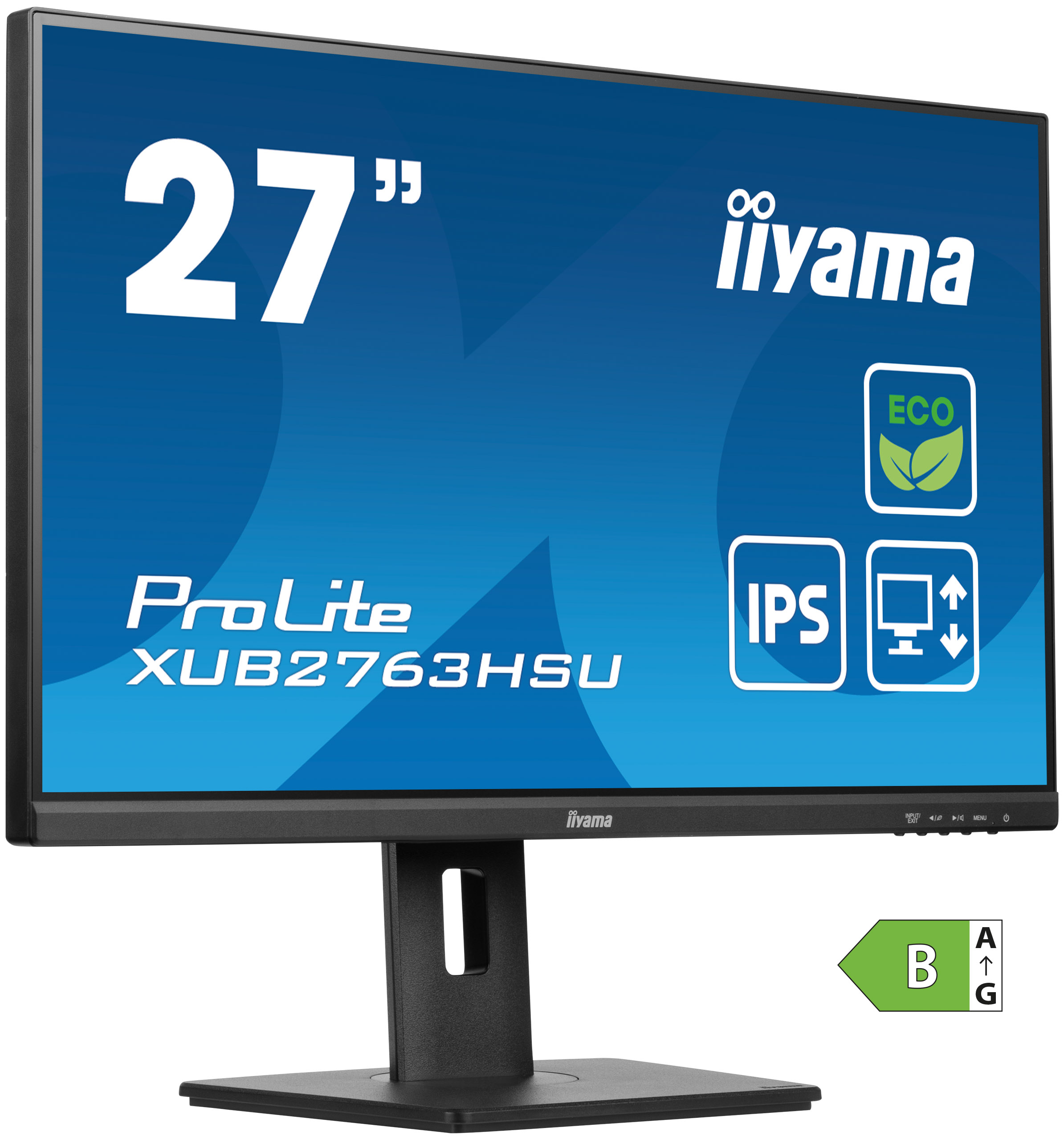 Monitor per computer nero con sfondo blu, testo bianco ed etichetta energetica verde su bianco.