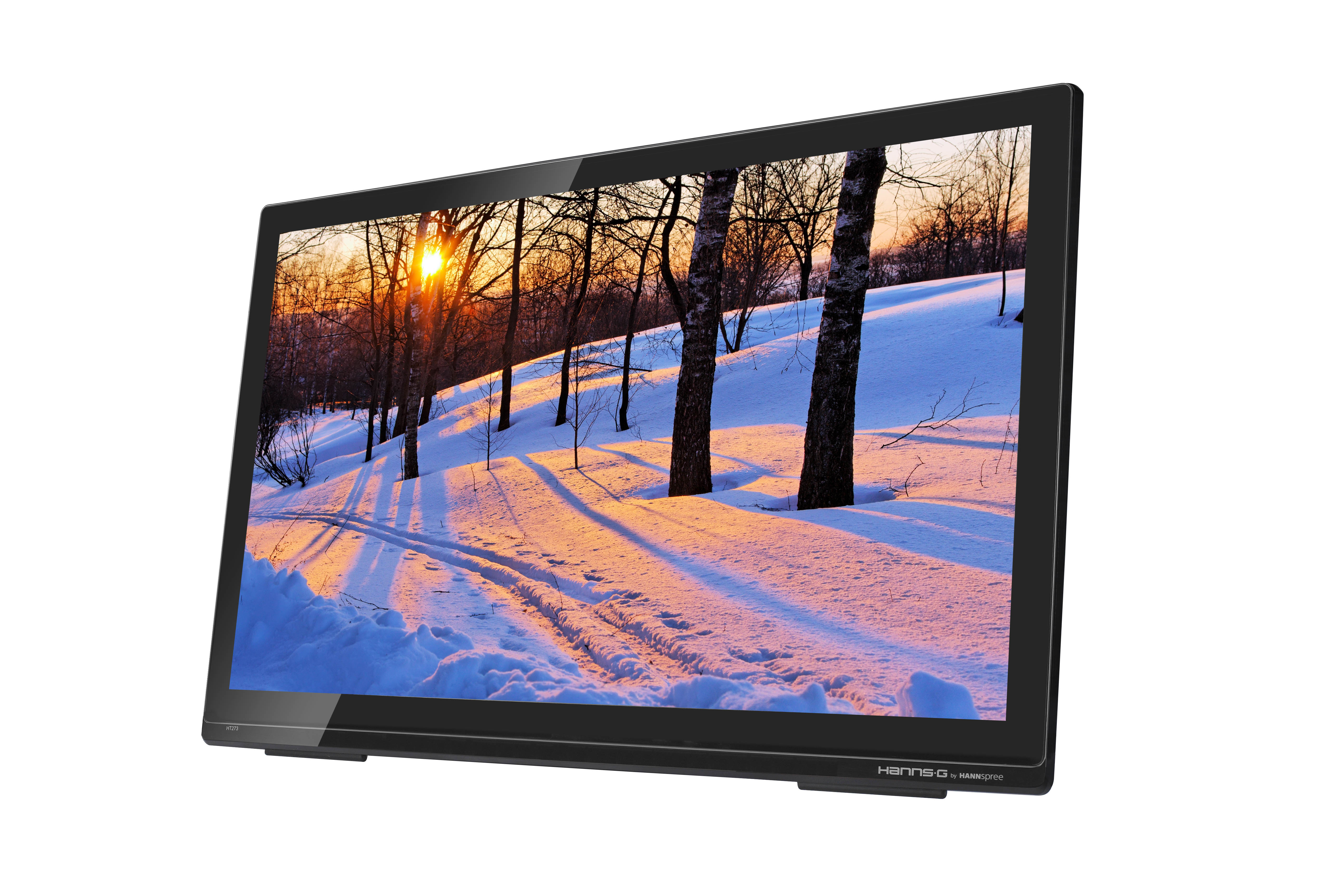 Un monitor che mostra un paesaggio invernale con alberi e tramonto, cornice nera, su bianco.
