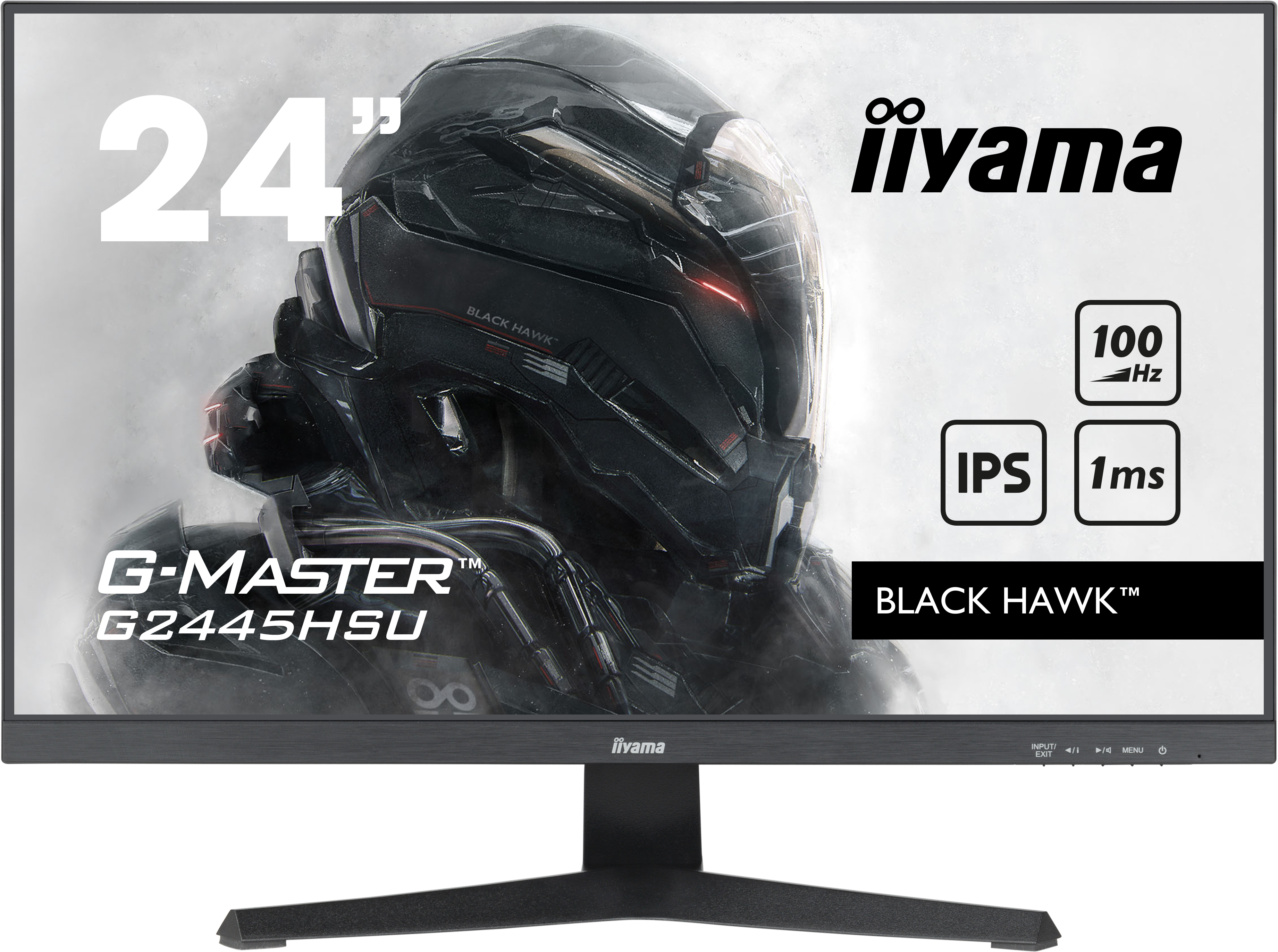 Un monitor iiyama G-MASTER Black Hawk da 24", cornice nera con display di gioco in bianco e nero.