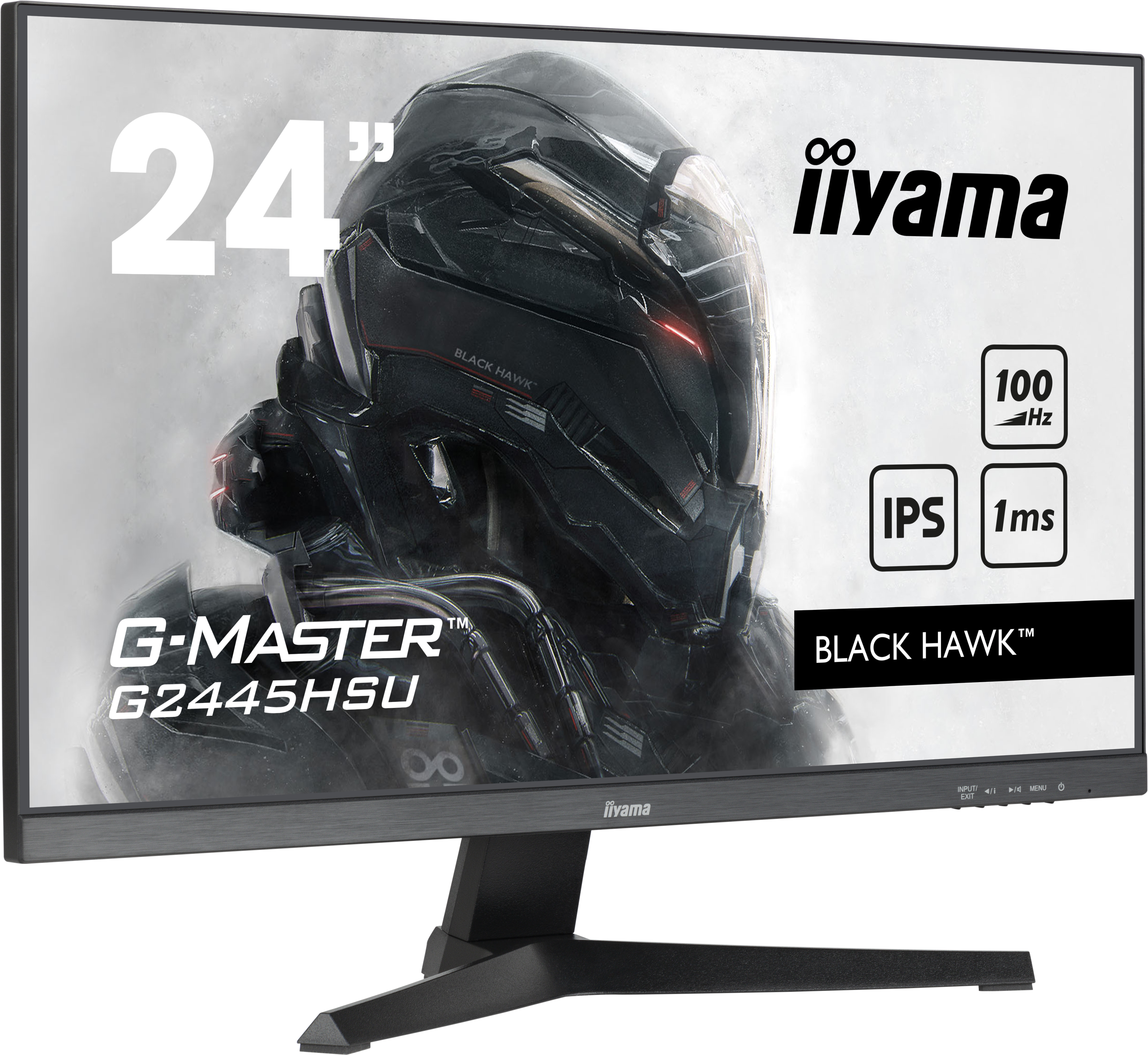 Monitor iiyama da 24 pollici su supporto. Testo sullo schermo. Serie Black Hawk.