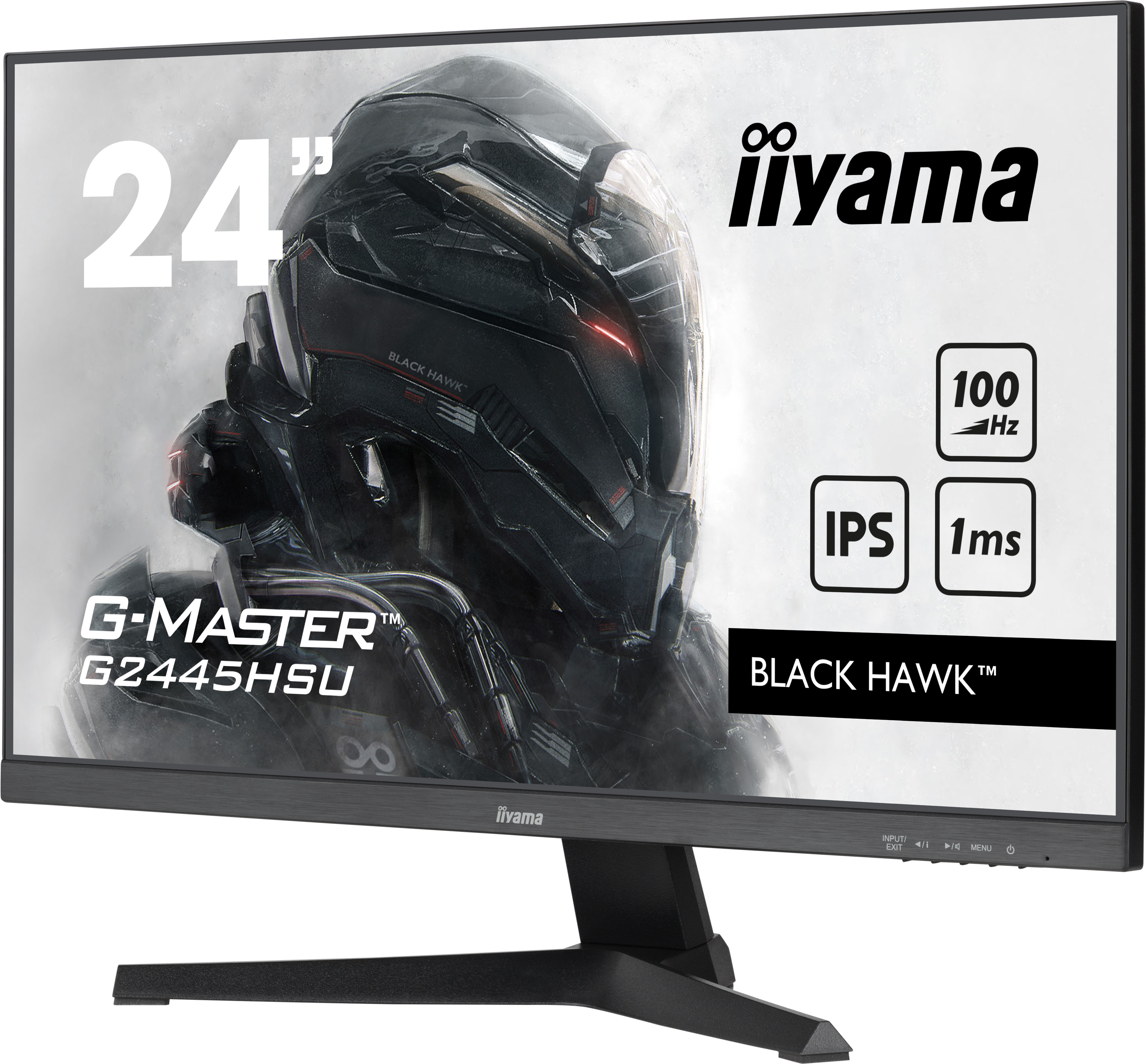 Monitor nero con testo: 24", G-MASTER, BLACK HAWK, IPS 1ms, 100 Hz. Immagine di un guerriero sullo sfondo.