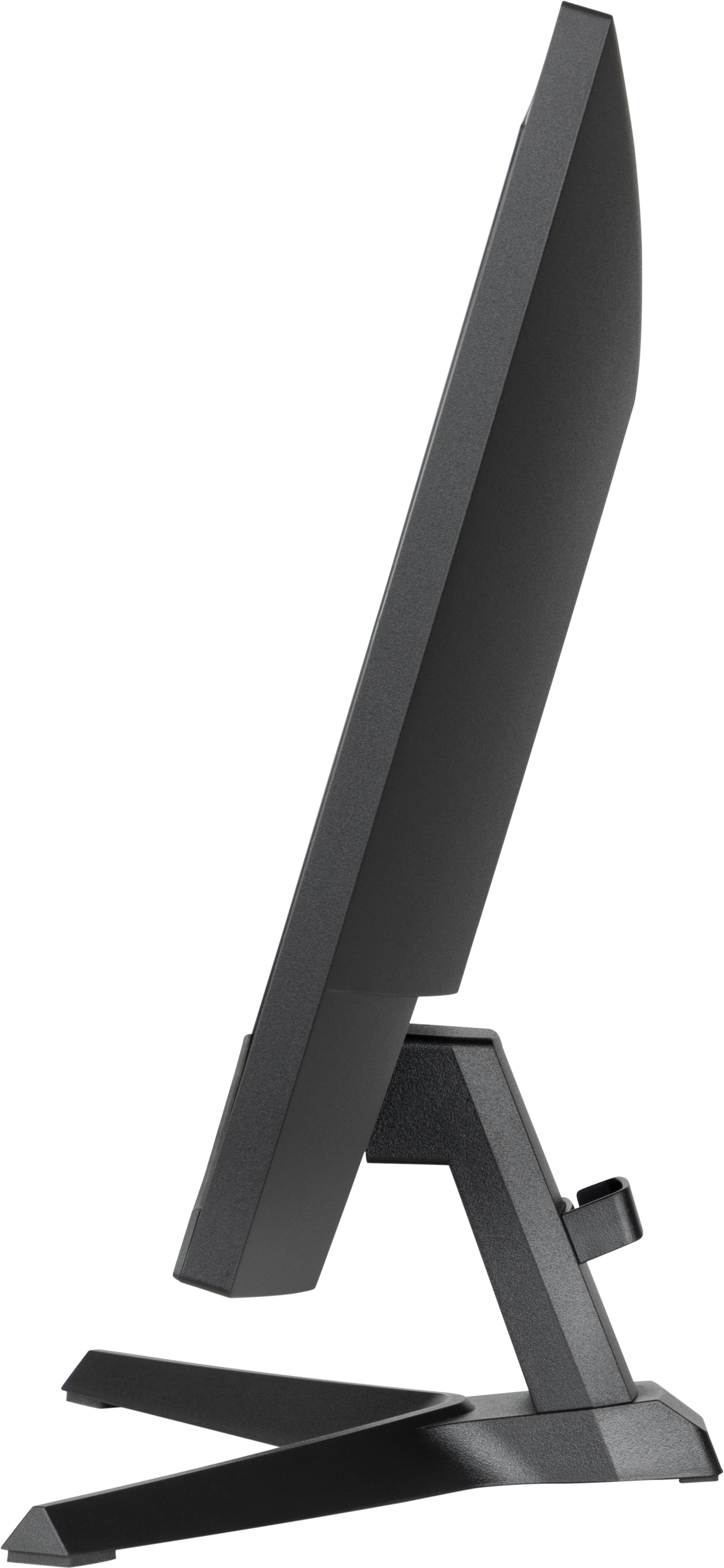 Monitor per computer nero di lato. È su un supporto.