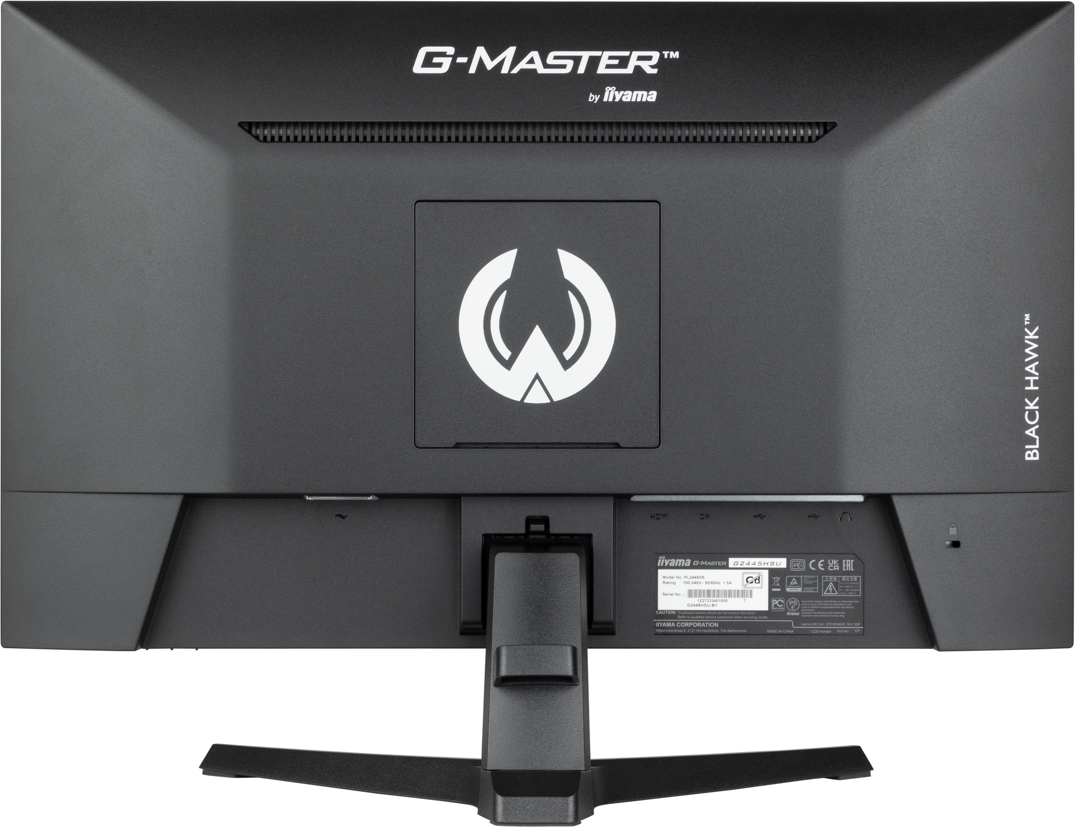 Retro di un monitor nero con un logo. Mostra porte ed etichetta del prodotto. Marchio G-MASTER.
