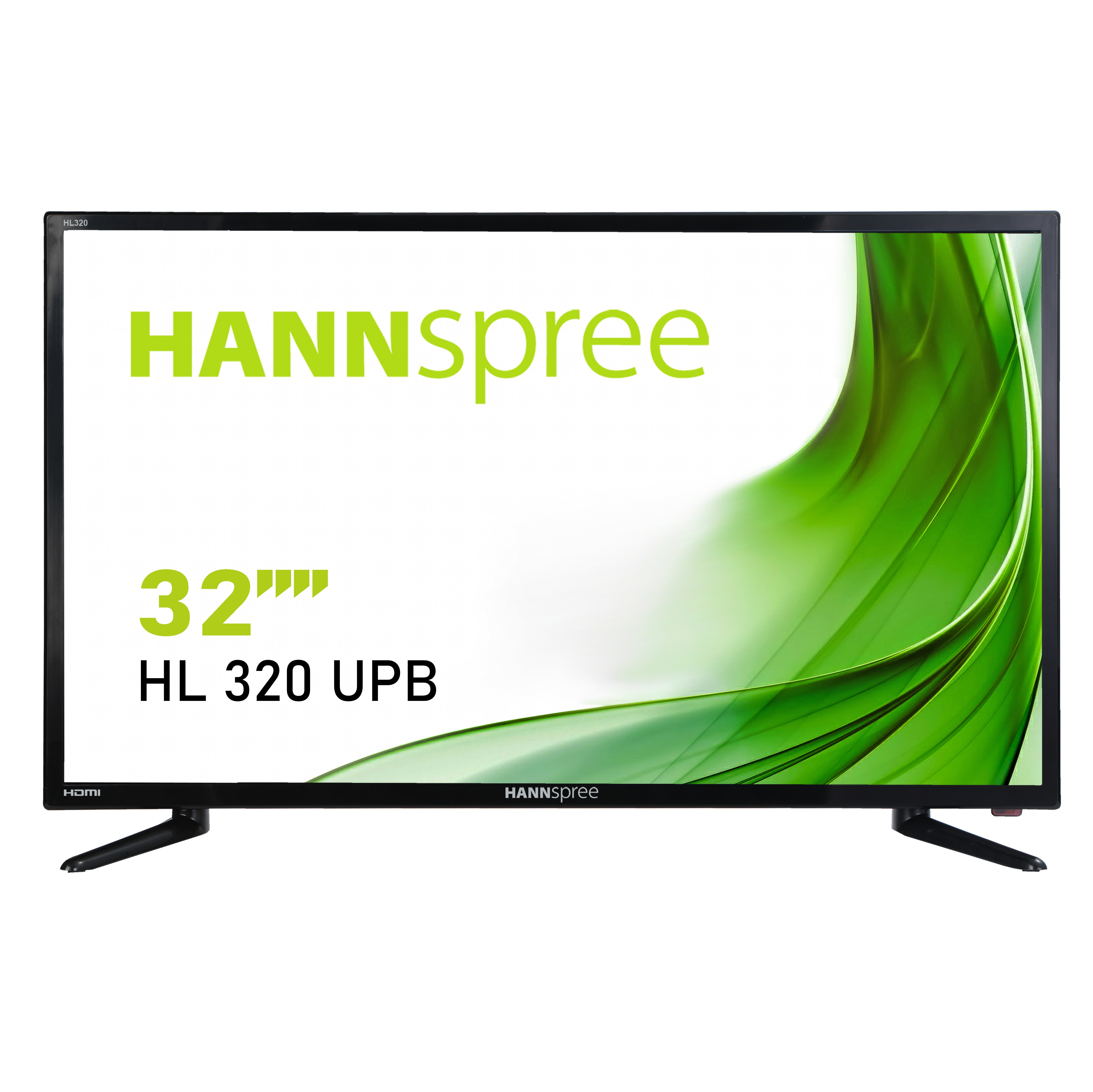 TV Hannspree da 32 pollici, cornice nera, grafica verde e bianca sullo schermo.