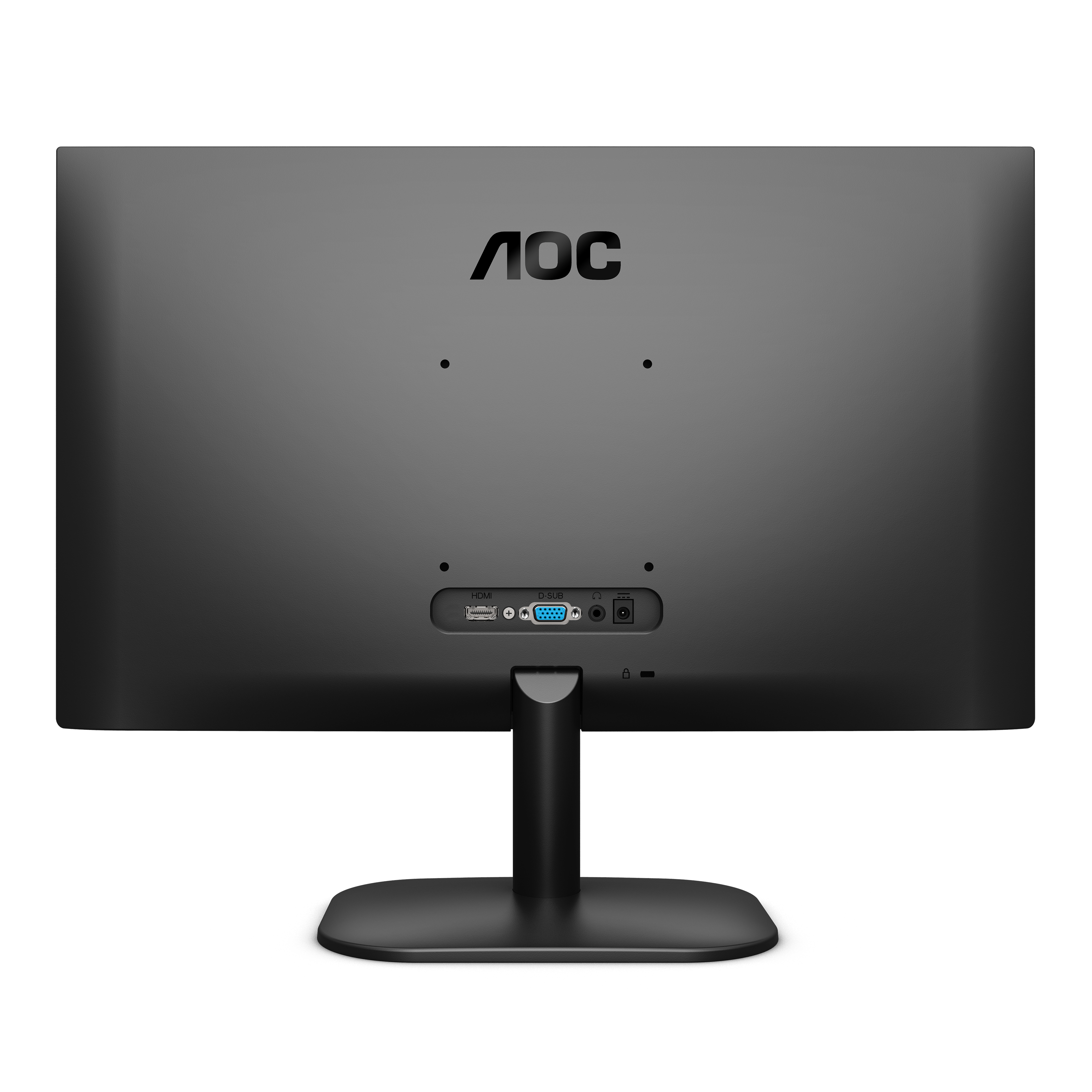 Vista posteriore di un monitor AOC nero con porte e supporto.