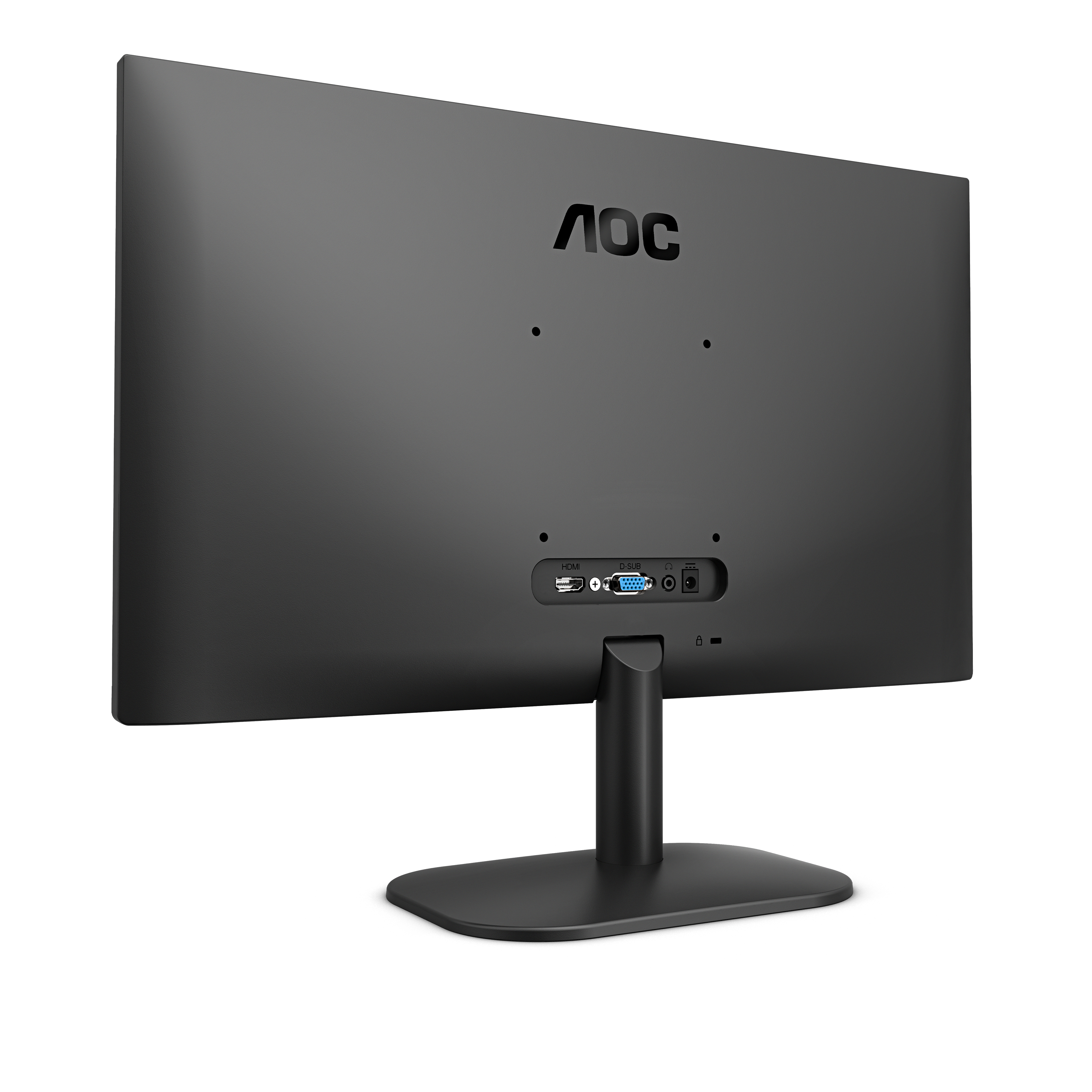 Il retro di un monitor AOC nero con porte e supporto, su sfondo bianco.