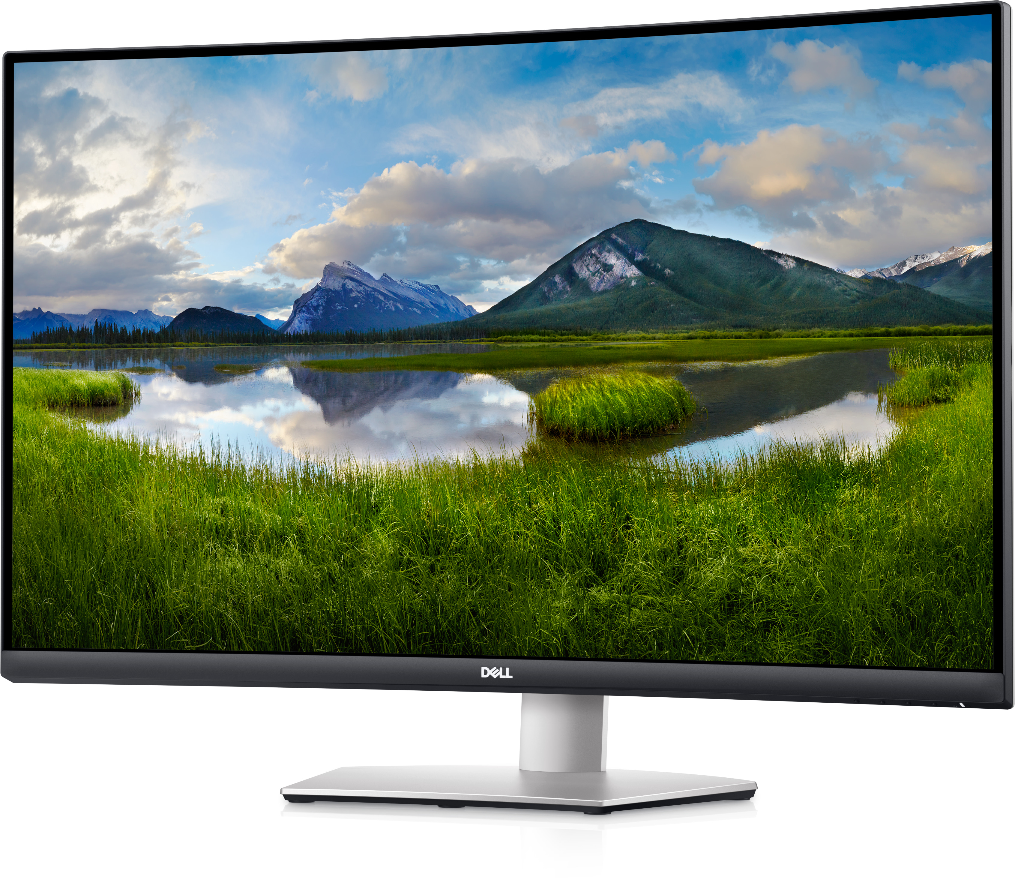 Dell monitör, yeşil çimen, dağları ve gökyüzünü yansıtan su manzarası gösteriyor.