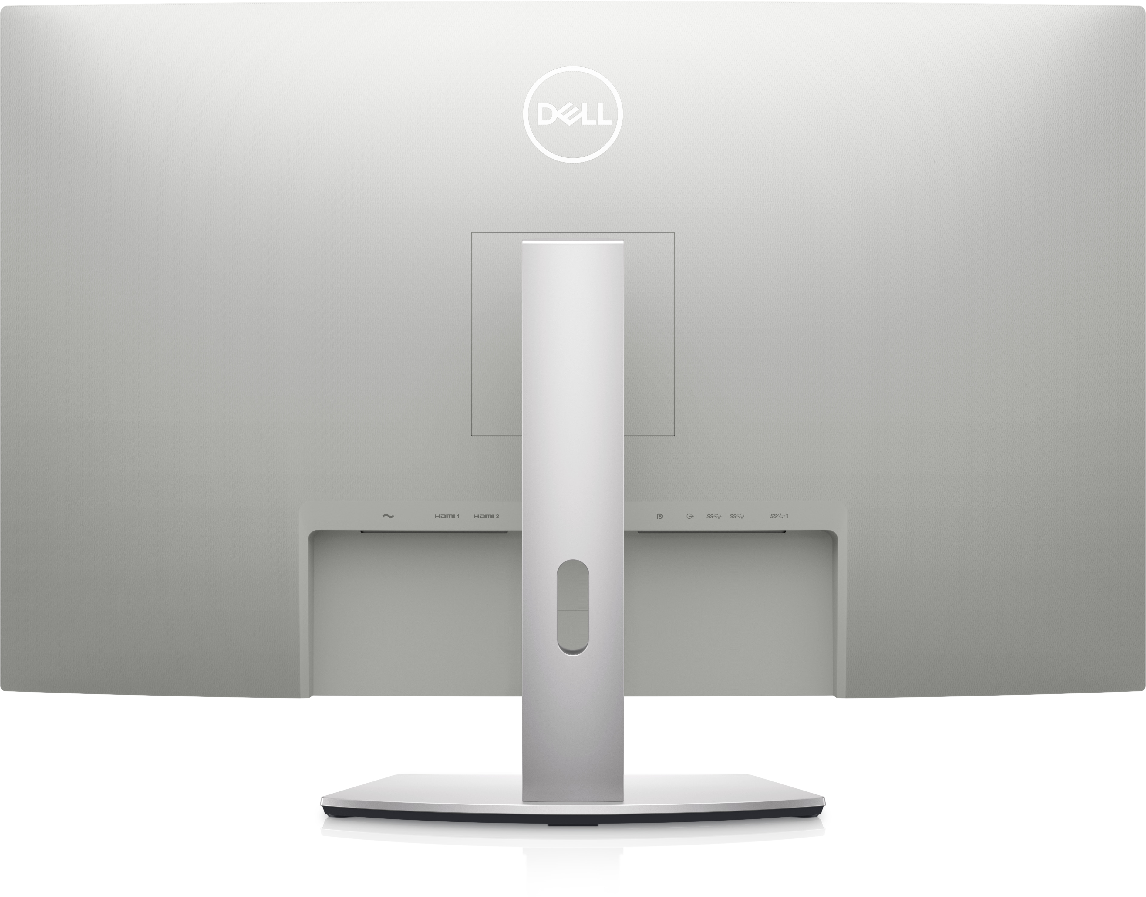 Dell monitörün arkası, bağlantı noktalarını ve Dell logosunu gösteriyor. Stand takılı.