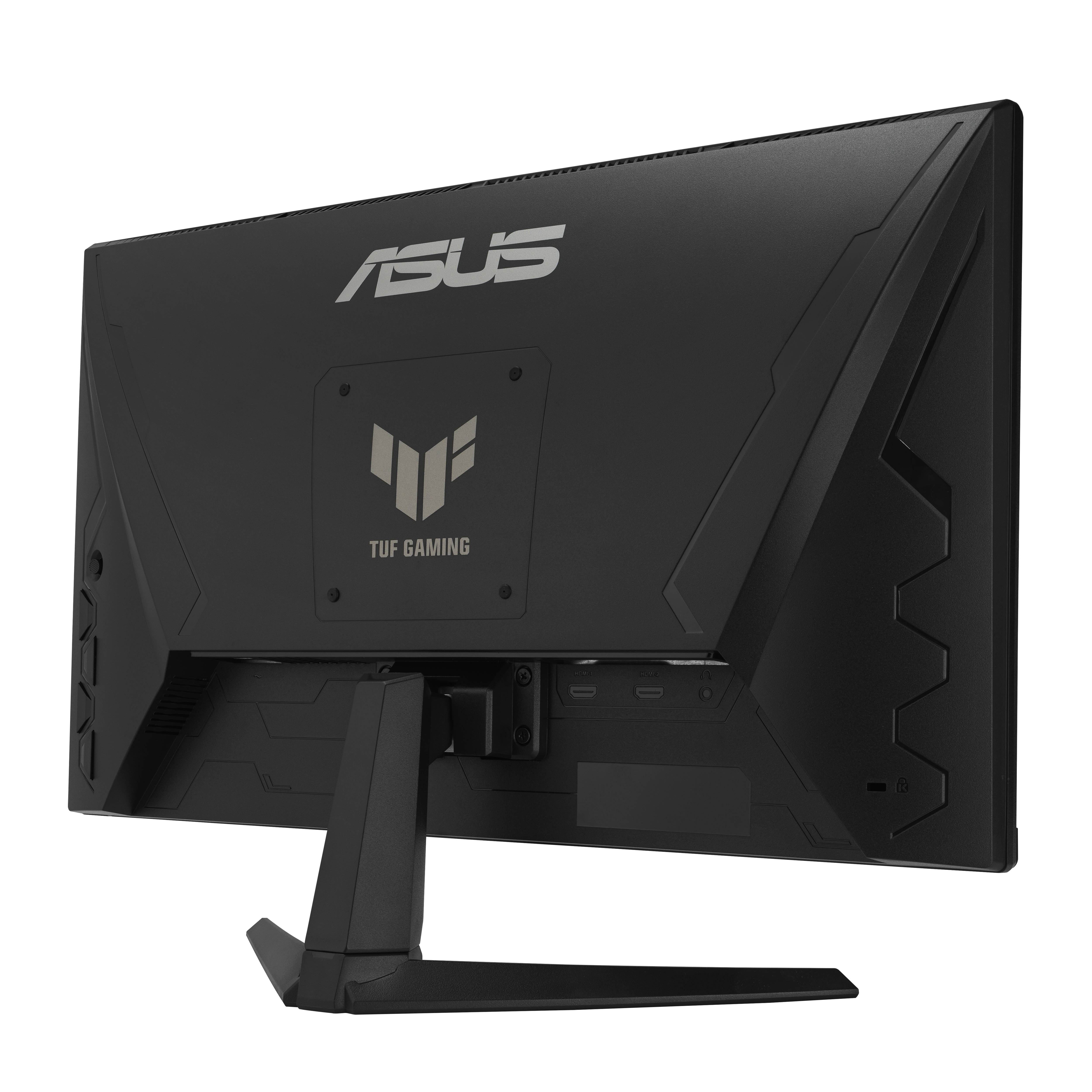 Tył czarnego monitora do gier ASUS. Zawiera logo TUF GAMING, porty i kątową podstawę.