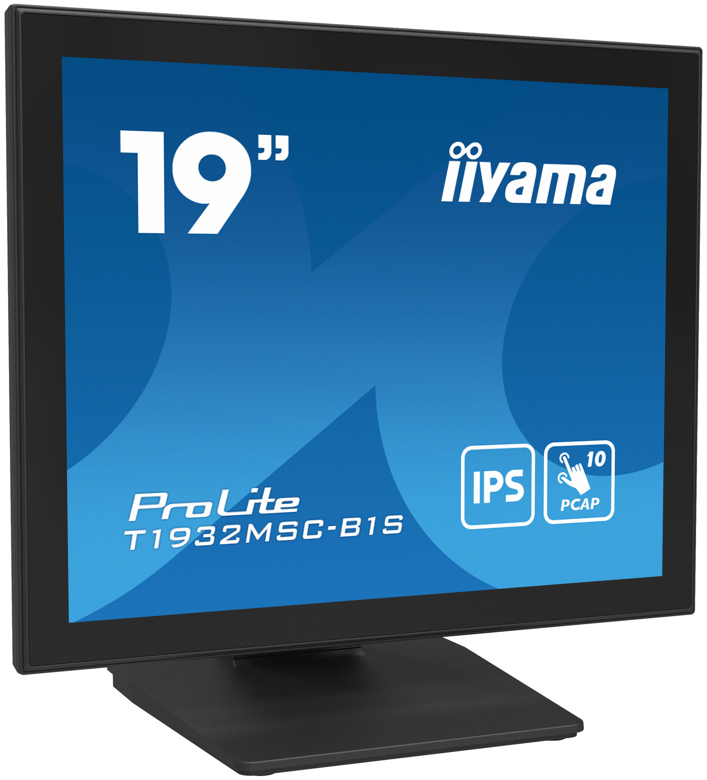 19-calowy monitor iiyama, ProLite, czarna ramka, z niebieskim ekranem.
