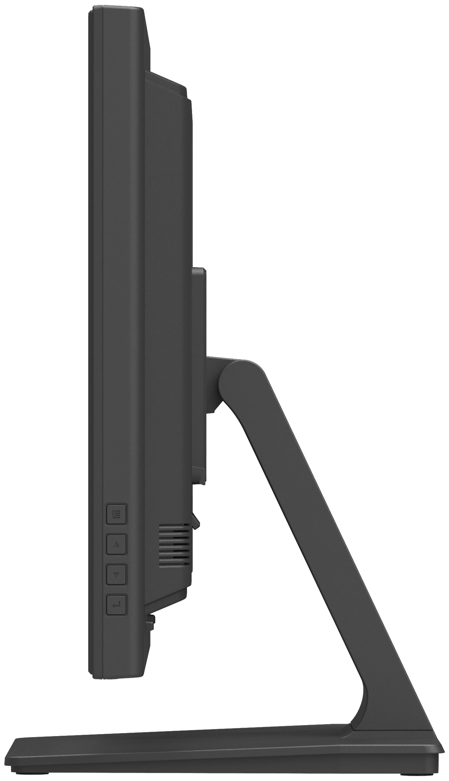 Czarny monitor, widok z boku. Ma podstawę i przyciski sterowania z boku.