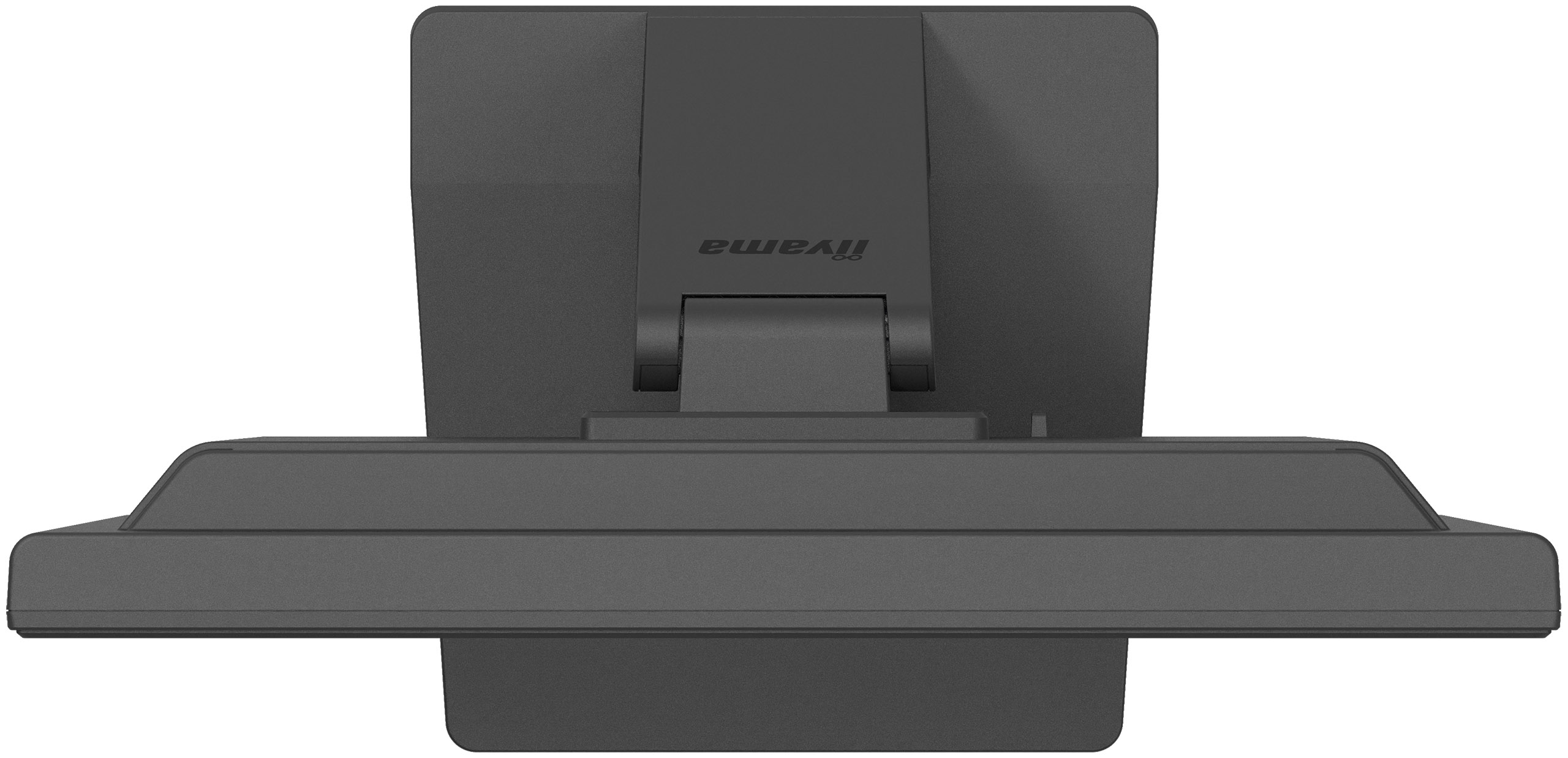 Widok z góry na czarny monitor, pokazujący tył ze stojakiem.