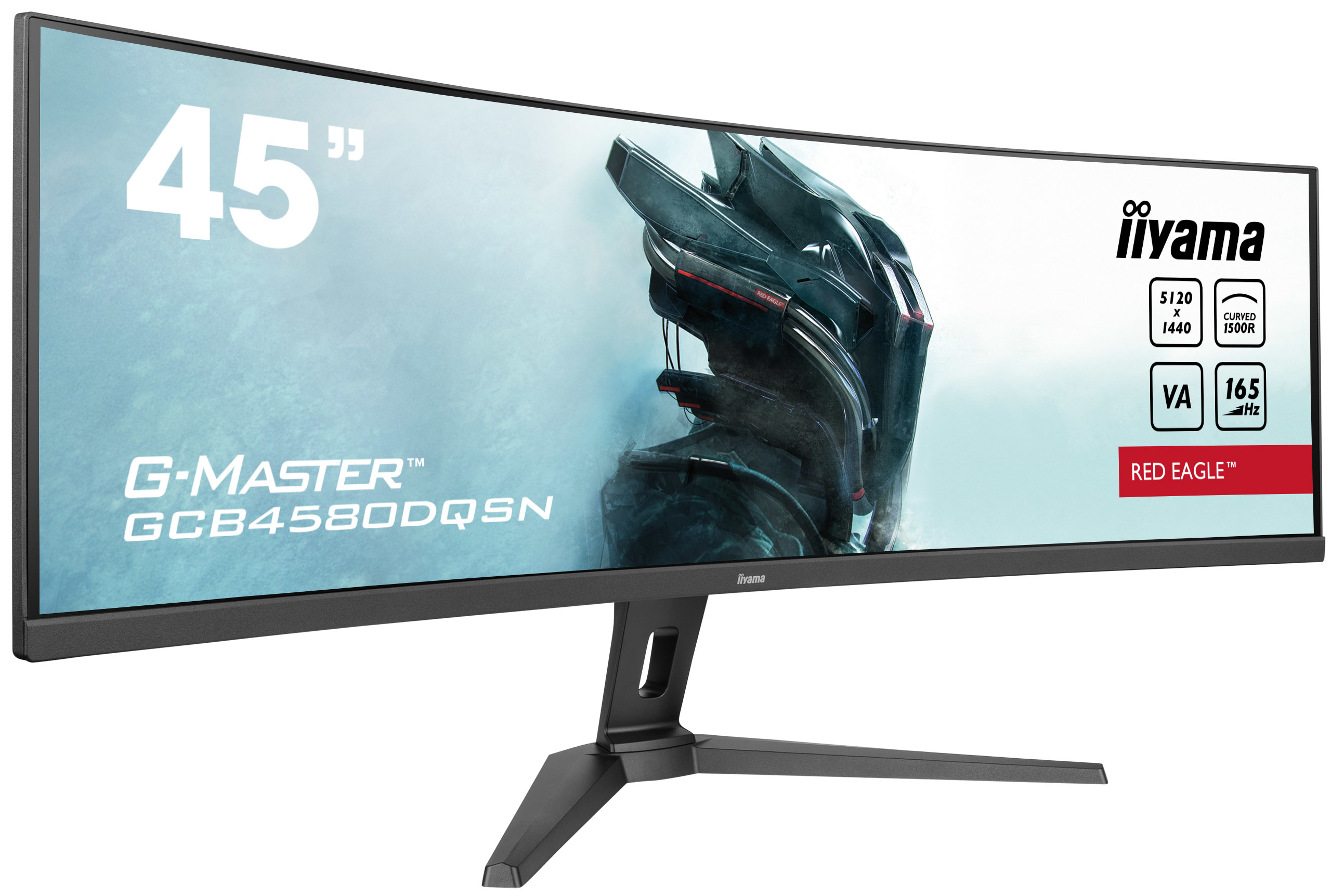 Een gebogen 45-inch monitor met een zwart frame, met een krijgerafbeelding. Heeft iiyama- en G-MASTER-logo's.