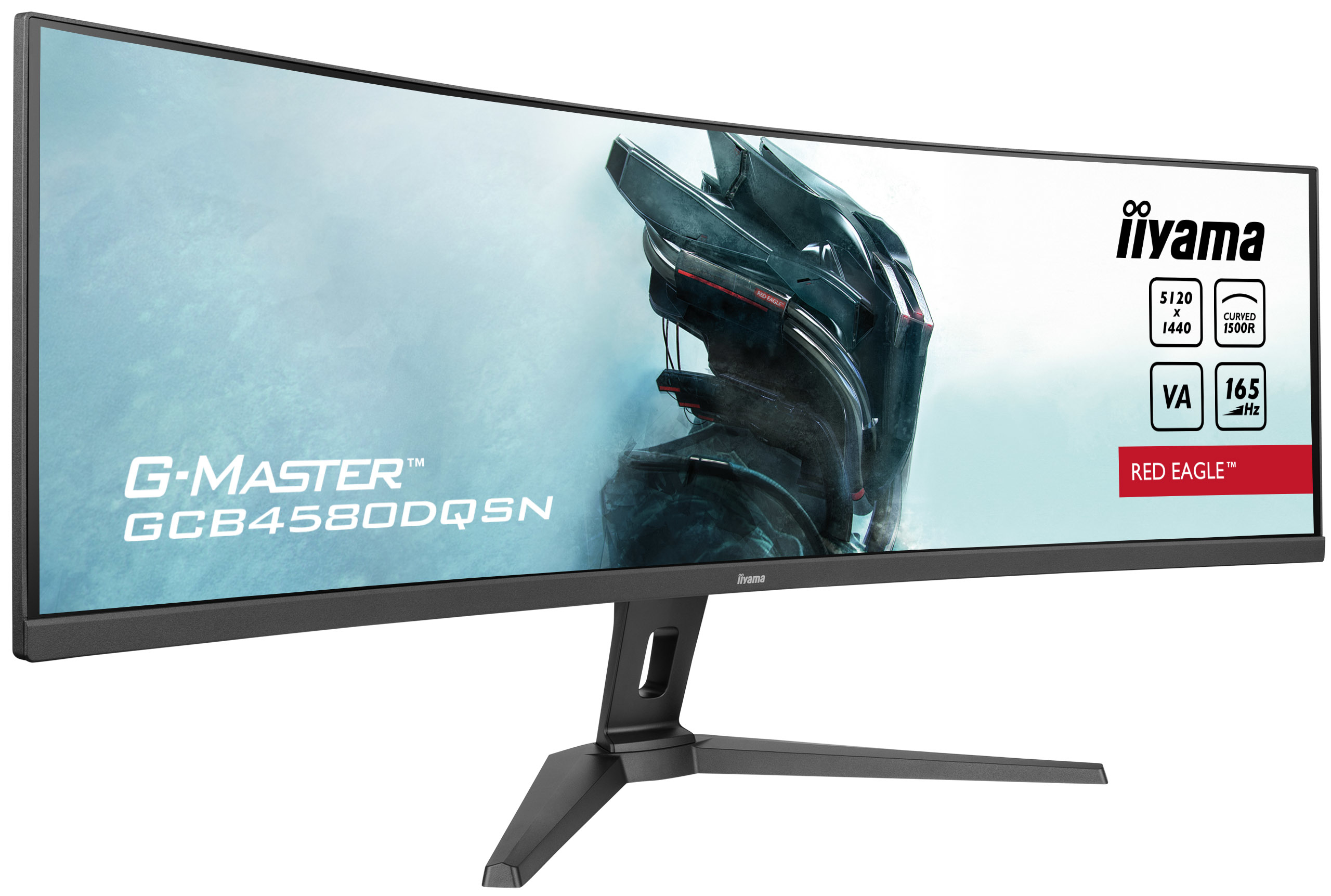 Gebogen gaming monitor met zwart frame en standaard, toont een futuristisch krijgerbeeld.