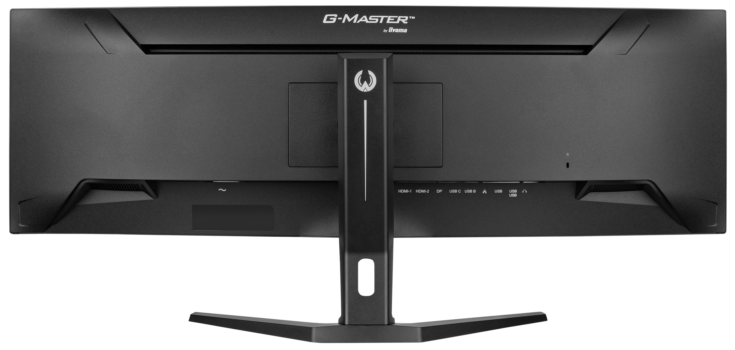 Achterkant van een zwarte gaming monitor met poorten en standaard.
