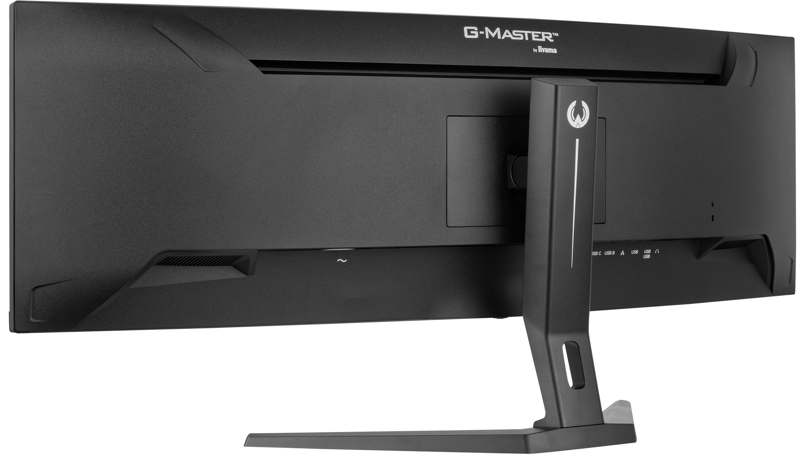 Zwarte monitor van de zijkant, met standaard. Zwarte achtergrond.