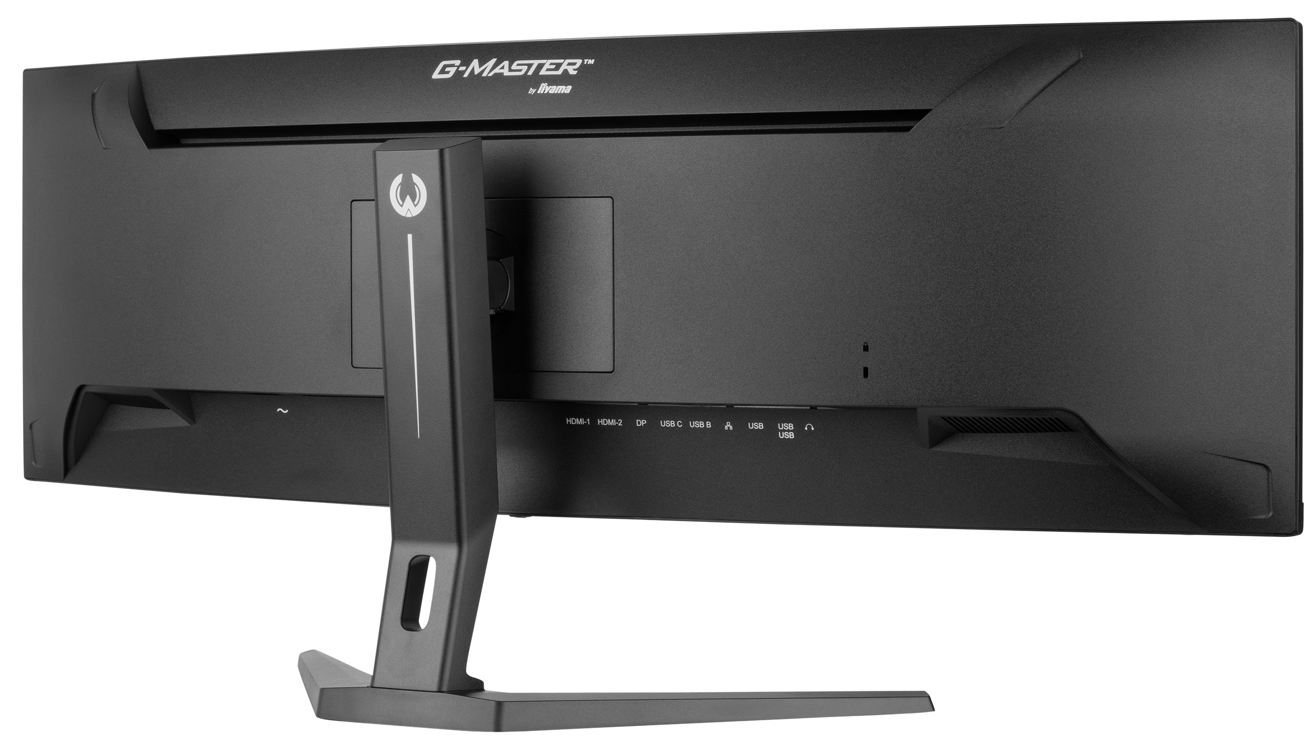 Zwarte monitor achterkant met poorten. Zilveren standaard. HDMI, USB-poorten en wit logo: G-MASTER.