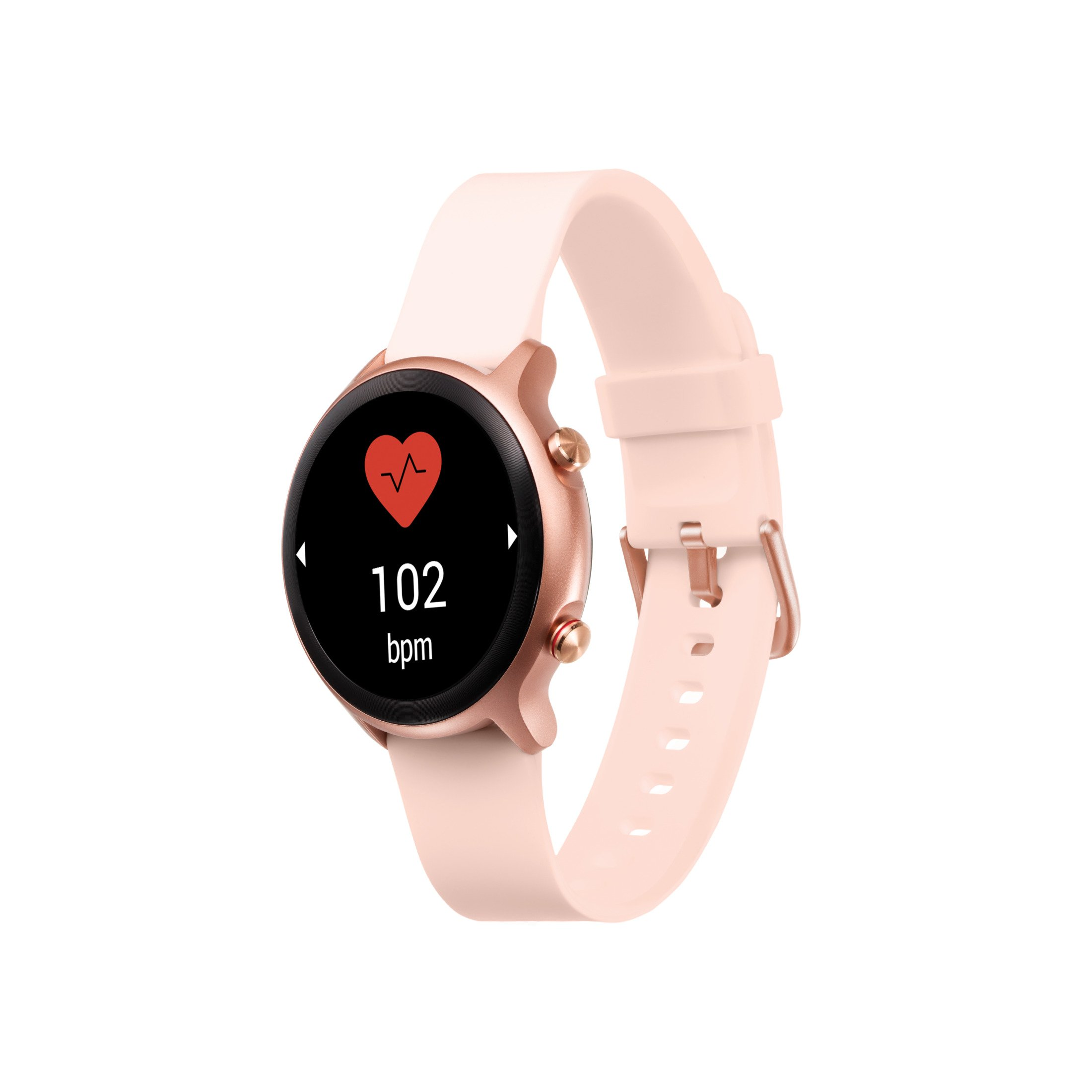 Eine roségoldene Smartwatch mit einem rosa Band, die Herzfrequenz und bpm anzeigt.
