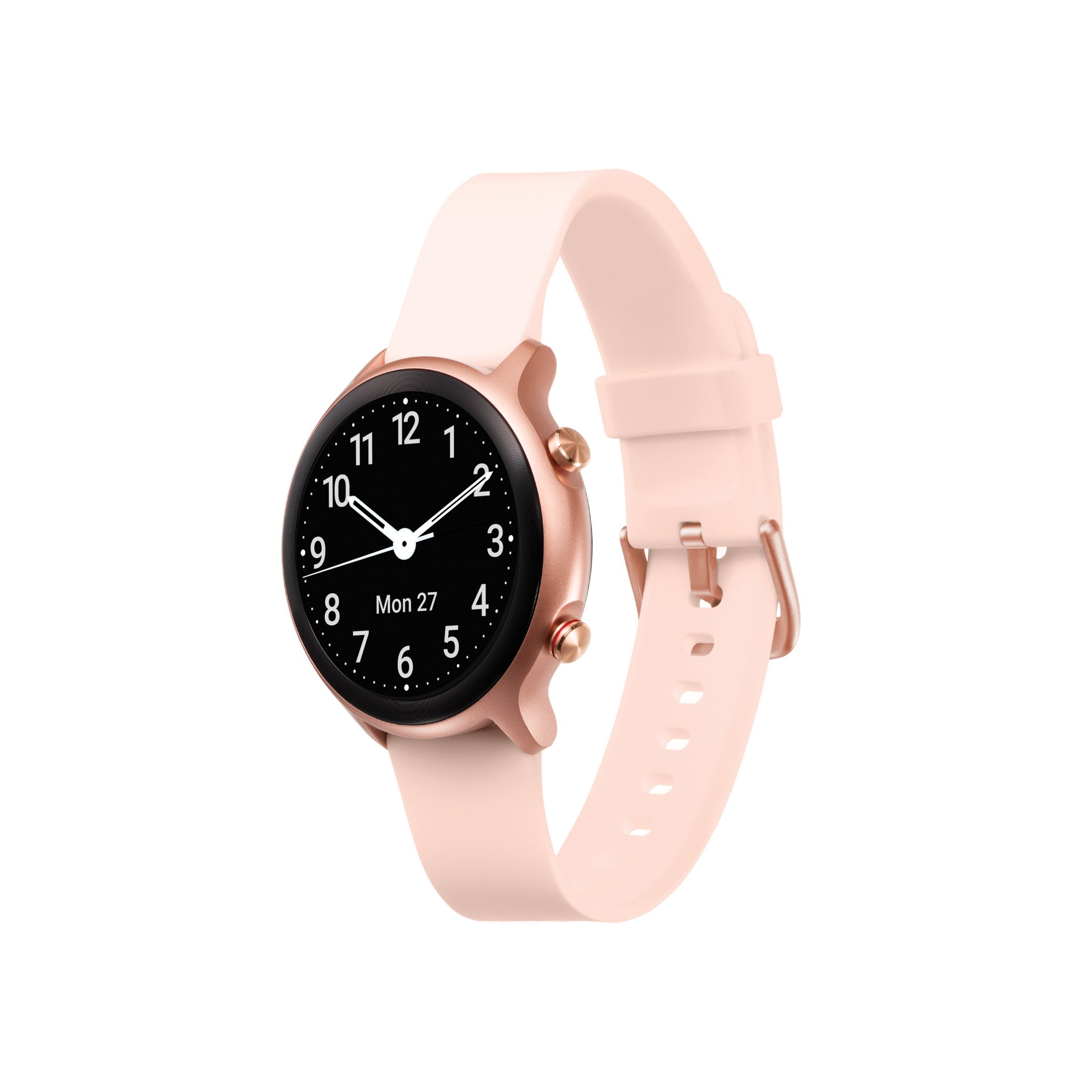 Roségoldene Smartwatch mit pinkfarbenem Armband. Das Ziffernblatt zeigt die Uhrzeit und das Datum an.