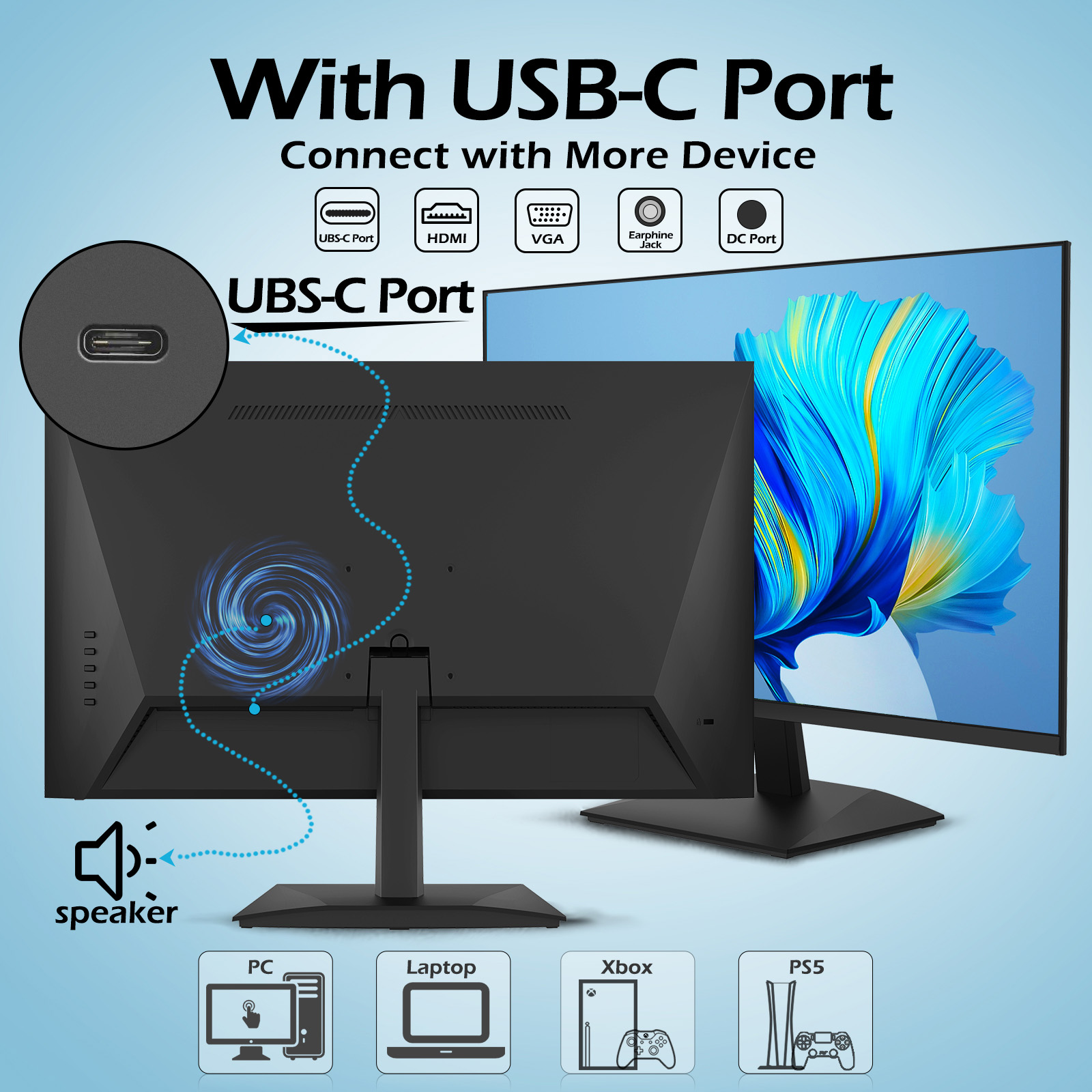 Monitor z portem USB-C. Tył pokazuje głośnik i połączenia.